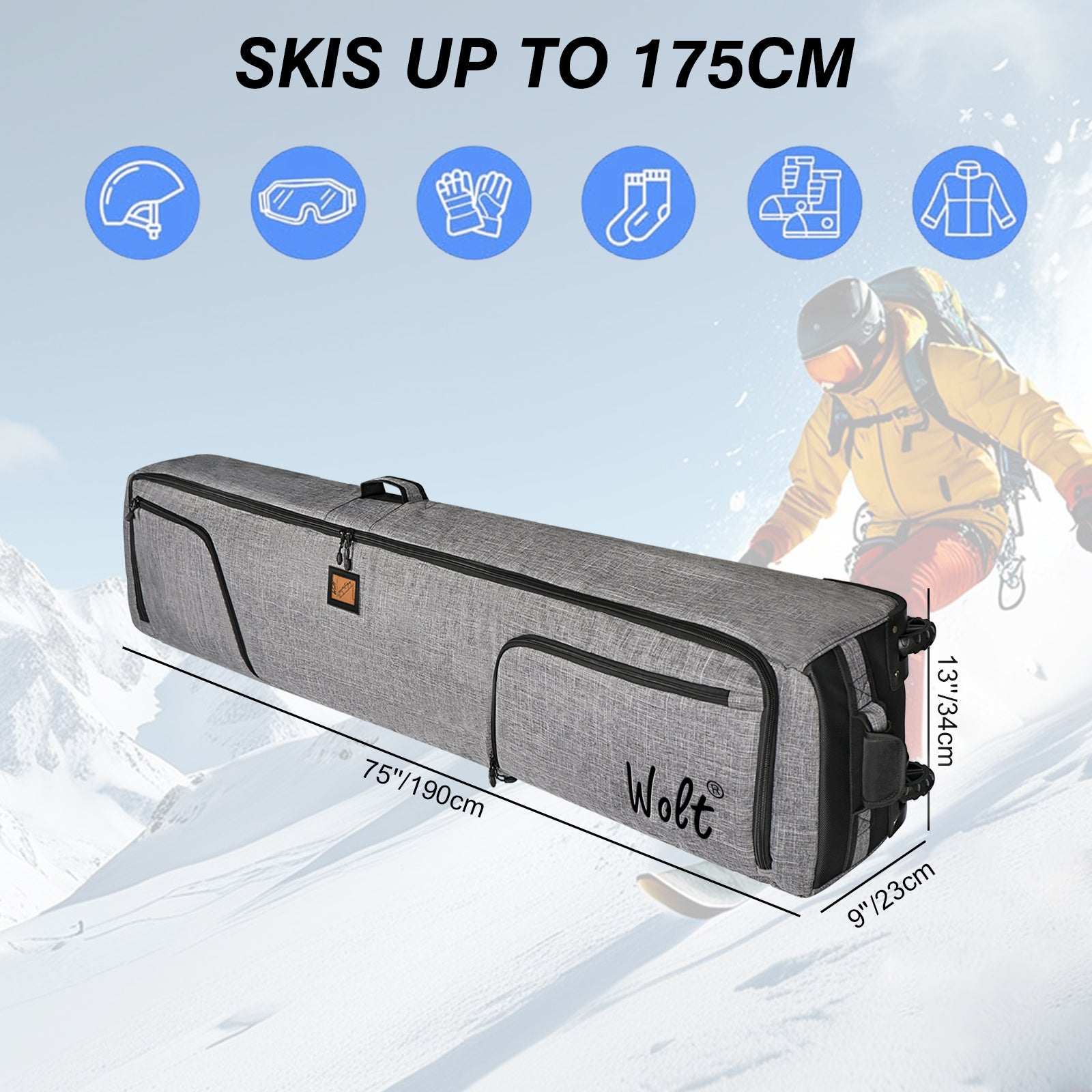 WOLT Rolling Ski Bag,Padded Snowboard Bag with Wheels for Air Travel, Fit to Double Pairs of Skis up to 175 or 190 cm