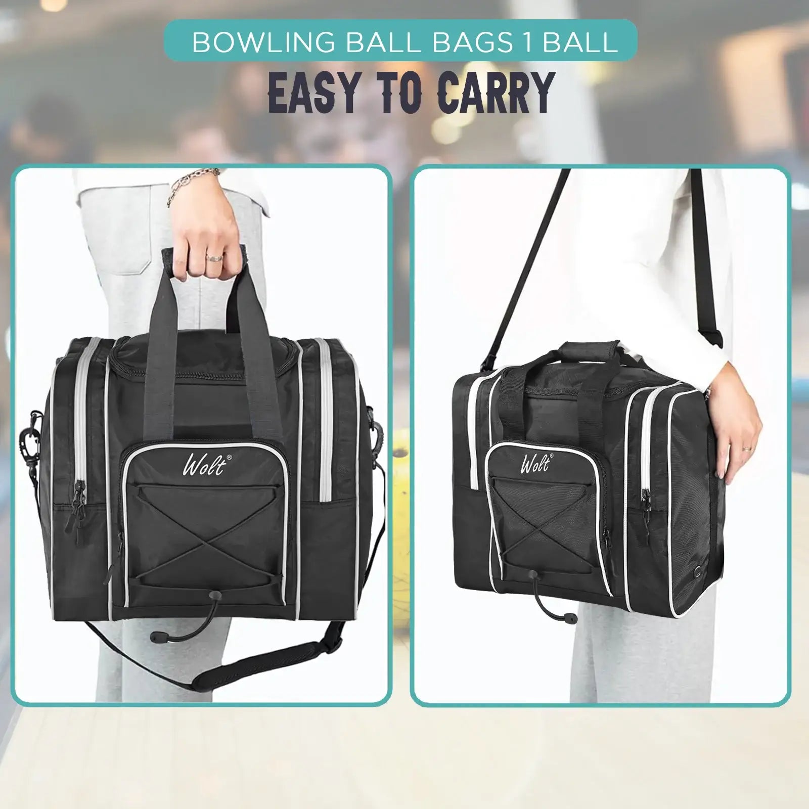 WOLT Bowling Ball Bag for Single Ball - Bowling Ball Tote Bag with Padded Ball Holder, 2 Pockets fit Bowling Shoes Up to Mens Size 14 and Accessories