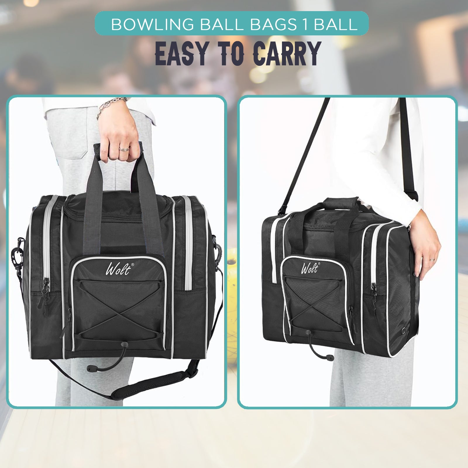 WOLT Bowling Ball Bag for Single Ball - Bowling Ball Tote Bag with Padded Ball Holder, 2 Pockets fit Bowling Shoes Up to Mens Size 14 and Accessories