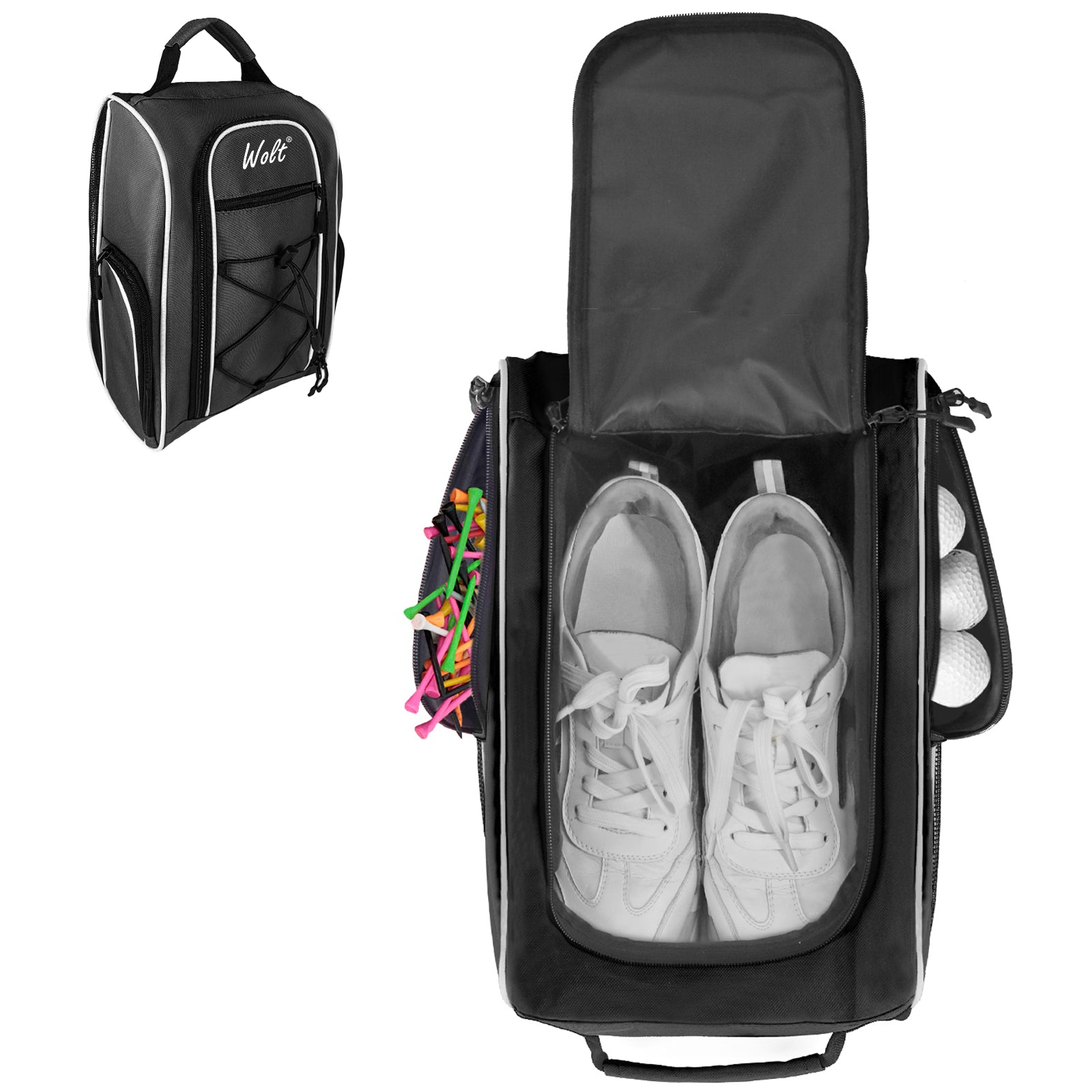 Wolt |Golf Shoe Bag for Travel- Zippered Shoes Carrier Bags with Ventilation & Double Outside Accessory Pocket for Socks, Tees, Golf Balls, Etc. for Women and Men