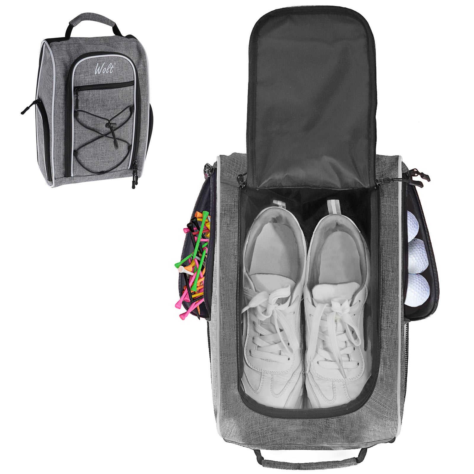Wolt |Golf Shoe Bag for Travel- Zippered Shoes Carrier Bags with Ventilation & Double Outside Accessory Pocket for Socks, Tees, Golf Balls, Etc. for Women and Men