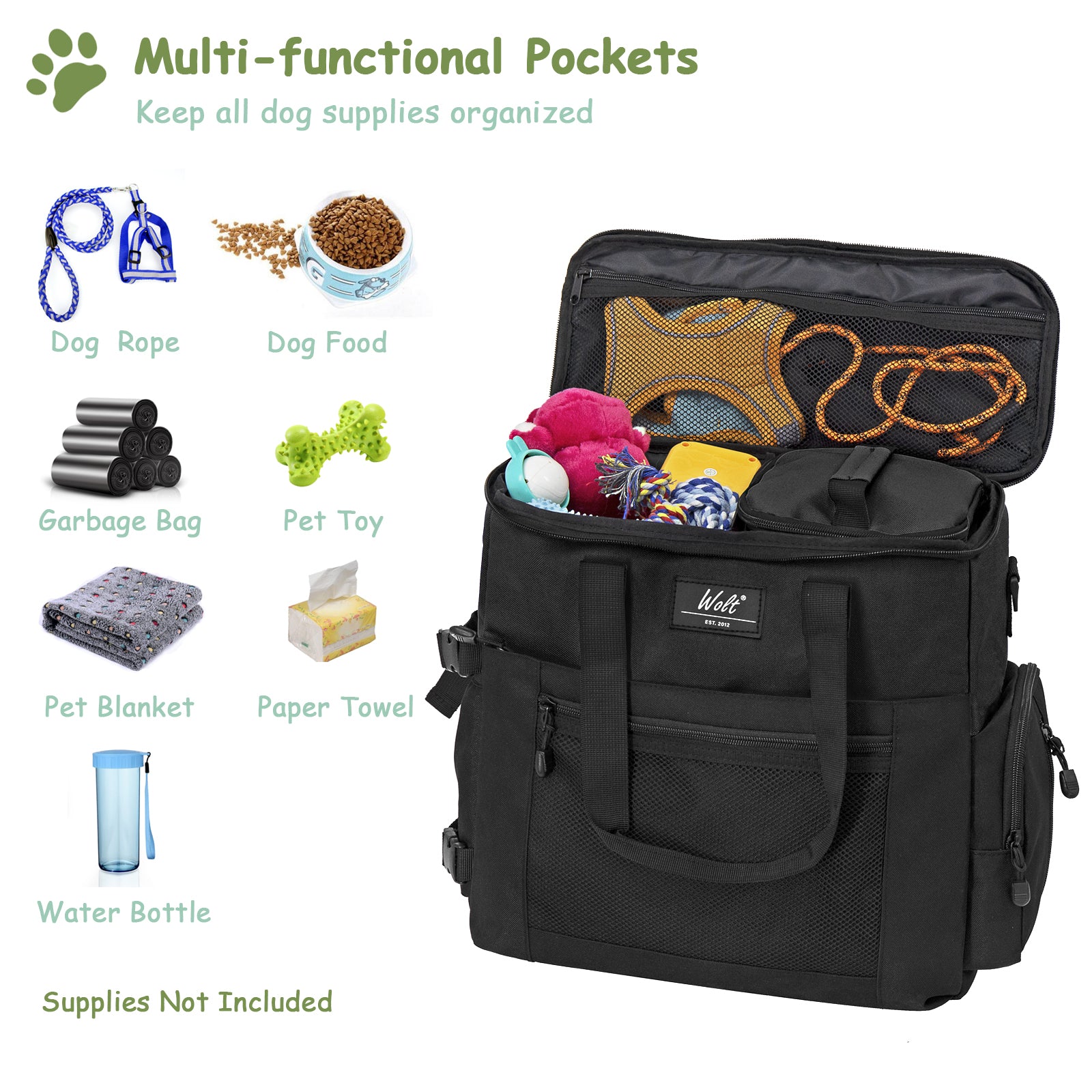 WOLT Dog Travel Bag Dog Bag for Traveling and Supplies with 2 Collapsible Bowls, 2 Food Containers, 1 Place Mat