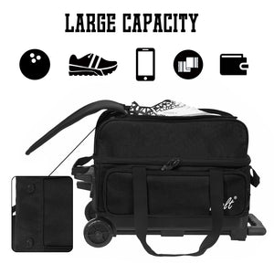 WOLT Double Roller 2 Ball Bowling Bag with Separate Shoe Compartment, Large Capacity Bowling Ball Bag with Accessory Pocket, Retractable Handle Extends to 40