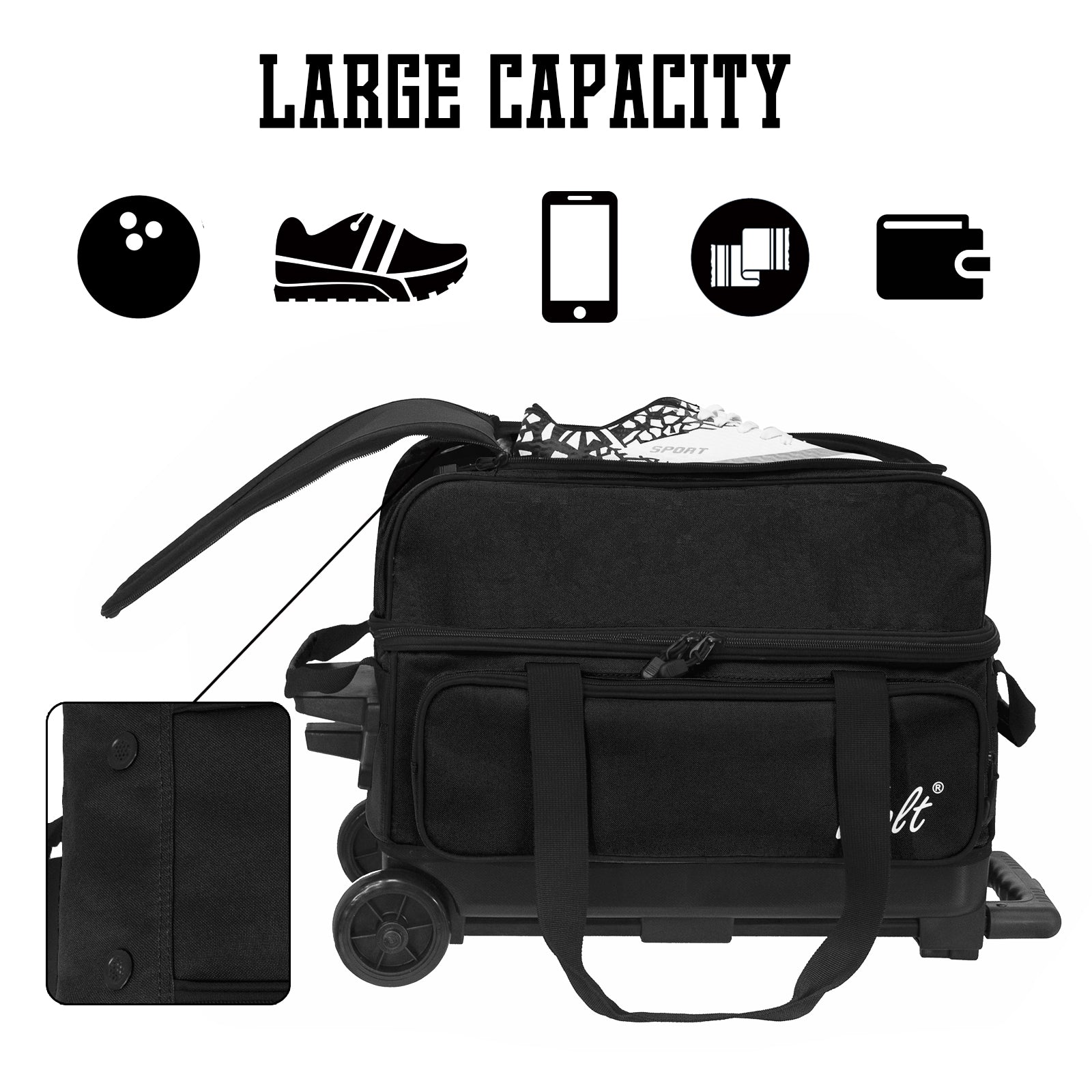 WOLT Double Roller 2 Ball Bowling Bag with Separate Shoe Compartment, Large Capacity Bowling Ball Bag with Accessory Pocket, Retractable Handle Extends to 40"