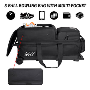 WOLT 3 Ball Bowling Bags with Wheels,Bowling Ball Bag 3 Ball Roller with Separate Shoe Compartment and Accessory Pocket, Retractable Handle Extends to 38’’