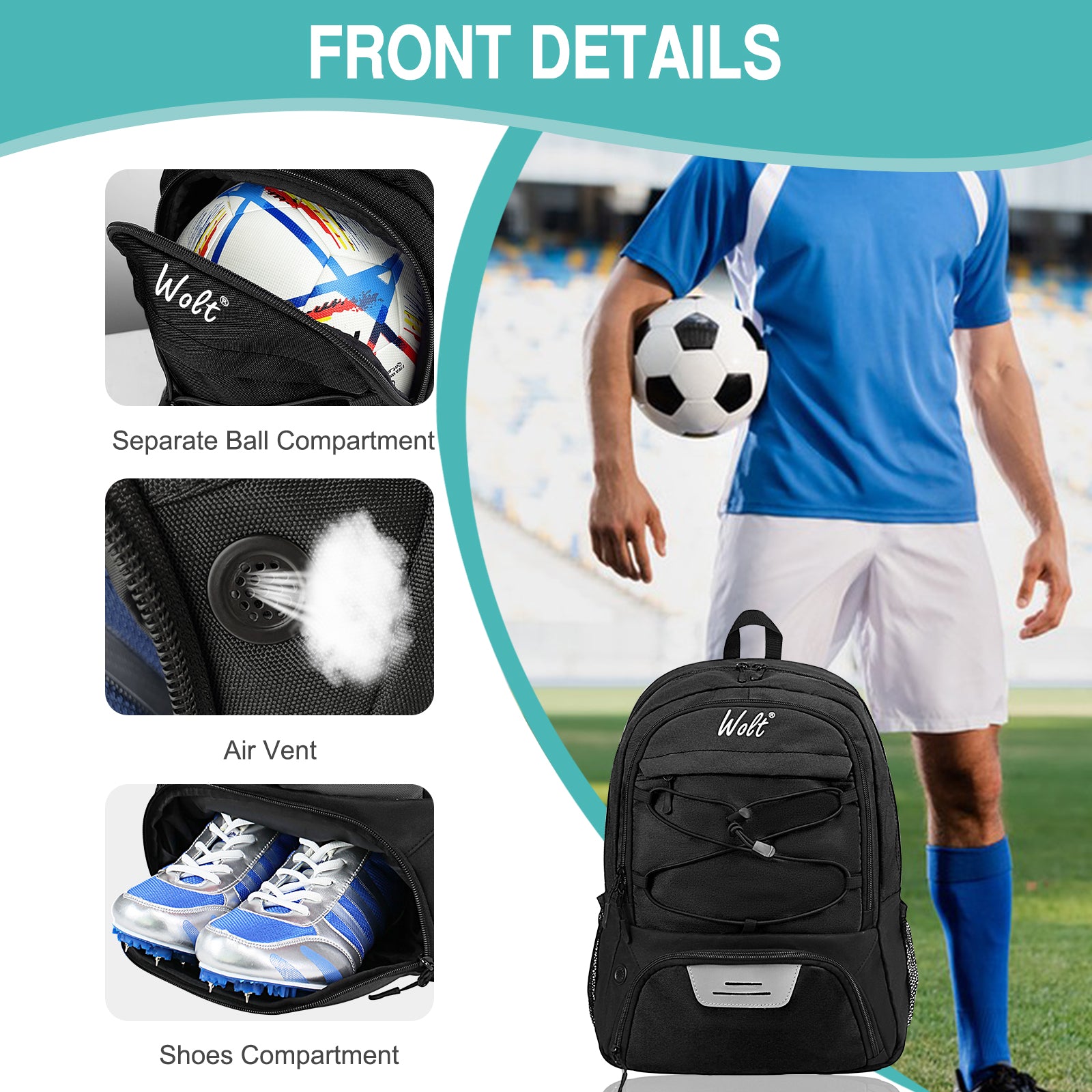 WOLT Soccer Backpack Soccer Bag with Ball Holder & Shoes Compartment, Sport Equipment Bags For Football, Basketball, Volleyball, Gym