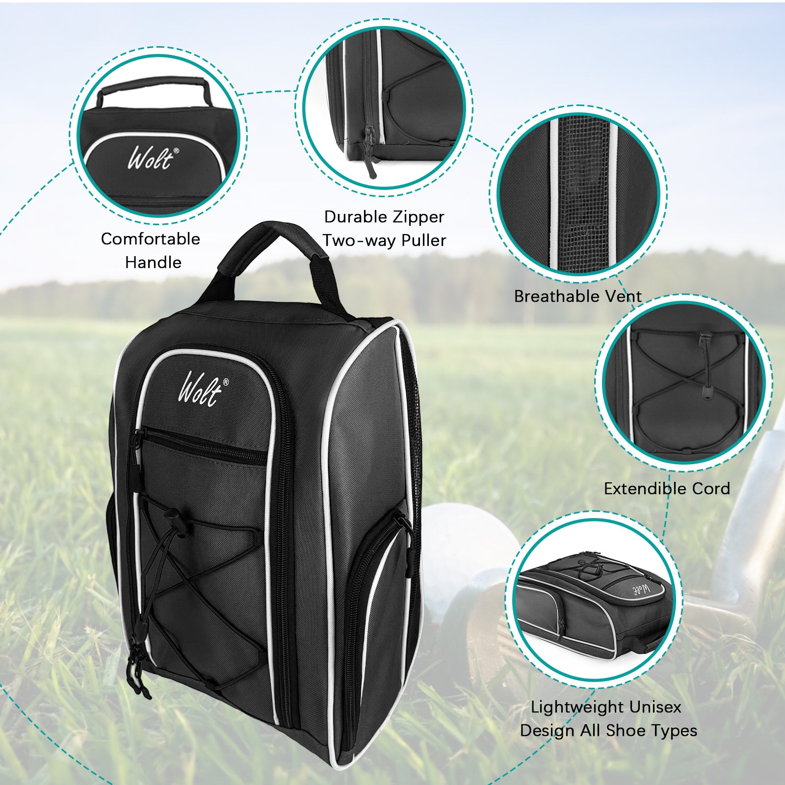 Wolt |Golf Shoe Bag for Travel- Zippered Shoes Carrier Bags with Ventilation & Double Outside Accessory Pocket for Socks, Tees, Golf Balls, Etc. for Women and Men