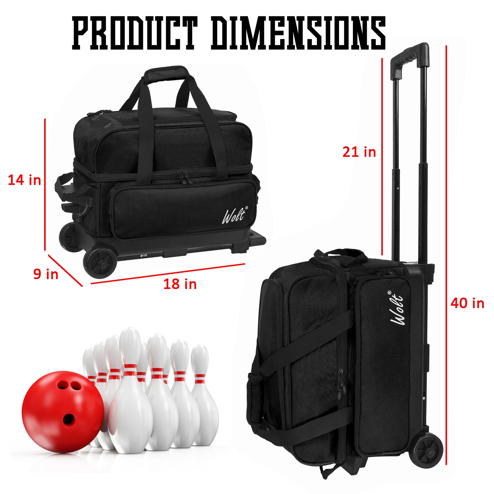 WOLT Double Roller 2 Ball Bowling Bag with Separate Shoe Compartment, Large Capacity Bowling Ball Bag with Accessory Pocket, Retractable Handle Extends to 40"