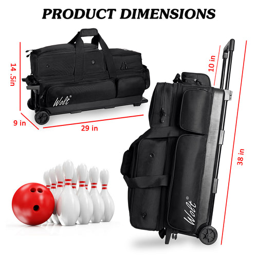 WOLT 3 Ball Bowling Bags with Wheels,Bowling Ball Bag 3 Ball Roller with Separate Shoe Compartment and Accessory Pocket, Retractable Handle Extends to 38’’