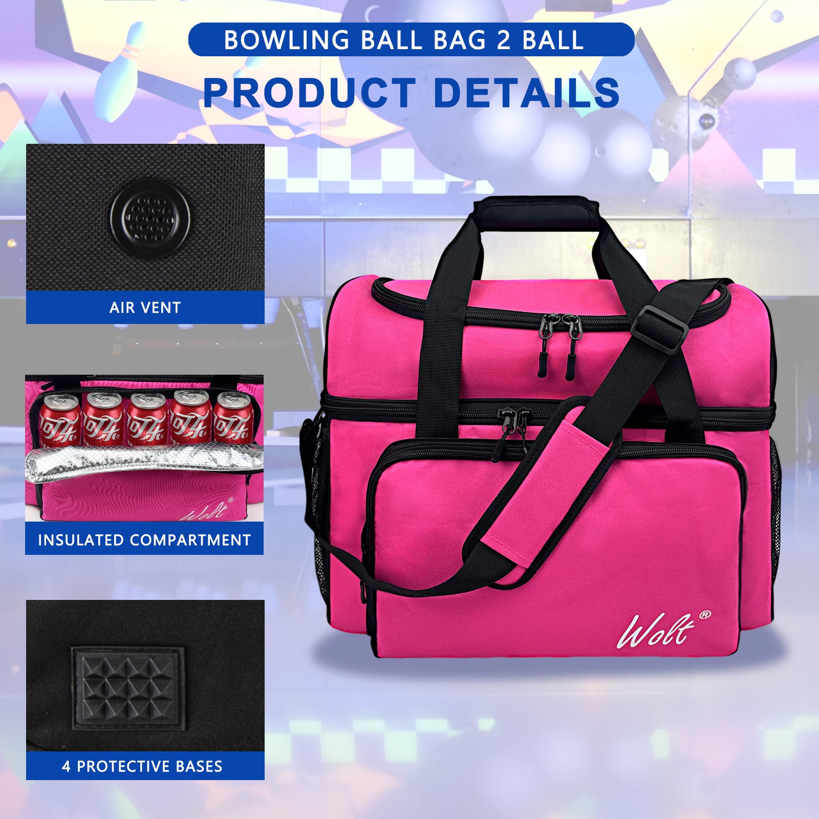 WOLT 2 Ball Bowling Bag with Padded Holder - Fits Shoes Up to Mens Size 16, Bowling Accessories