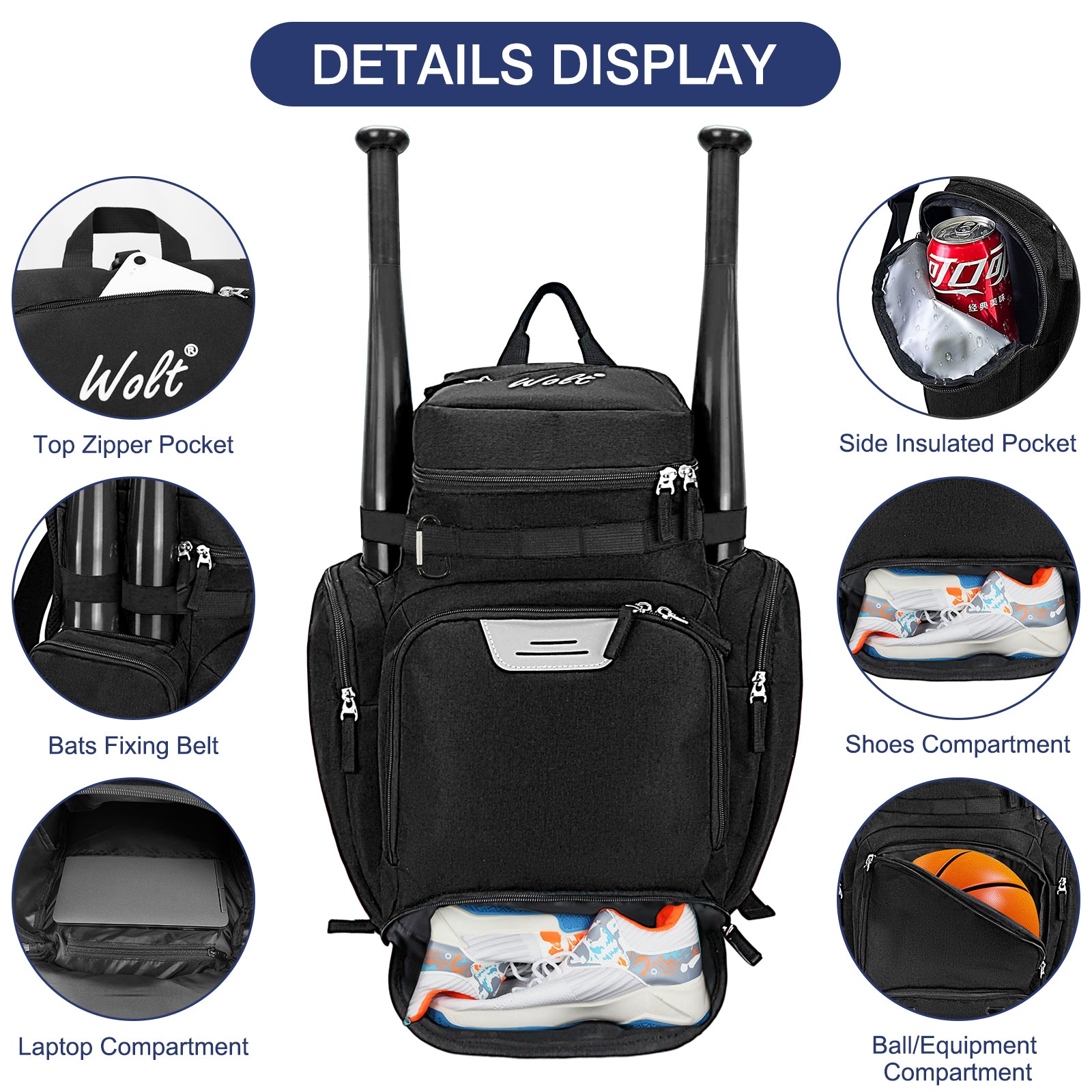 WOLT Basketball Bag Backpack with Separate Ball Compartment and Shoes Pocket, Gym Bags for Men, Large Sports Bag for Basketball, Soccer, Volleyball, Baseball