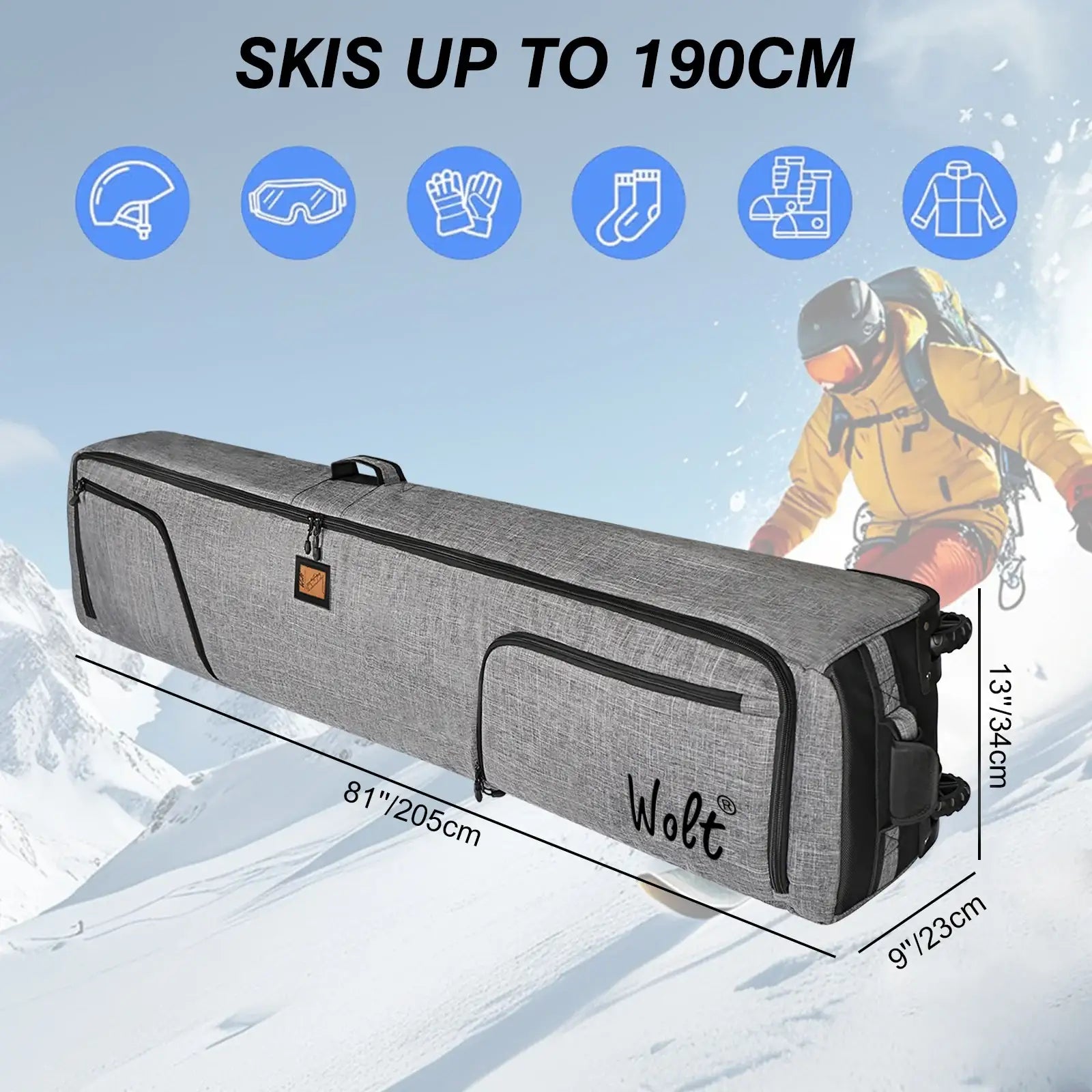 WOLT Rolling Ski Bag,Padded Snowboard Bag with Wheels for Air Travel, Fit to Double Pairs of Skis up to 175 or 190 cm