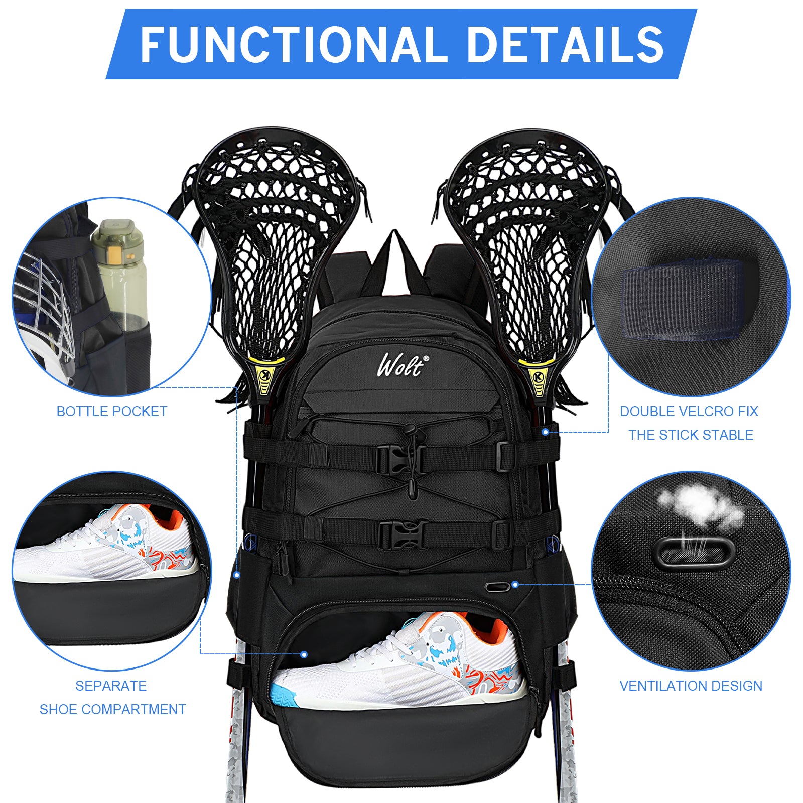 WOLT Lacrosse Bag-Lacrosse Backpack with Two Sticks Holder-Large Field Hockey Bag Holds All Sport Gears