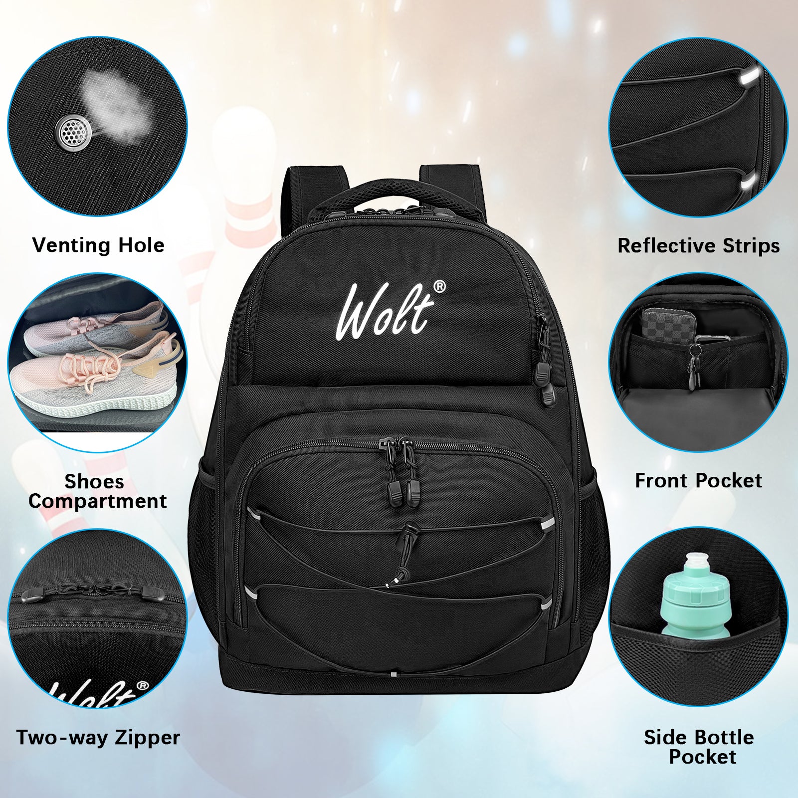 WOLT Bowling Ball Bag,2 Ball Bowling Backpack with Protective Foam Padded & Shoe Compartment Fits Up to Mens Size 16