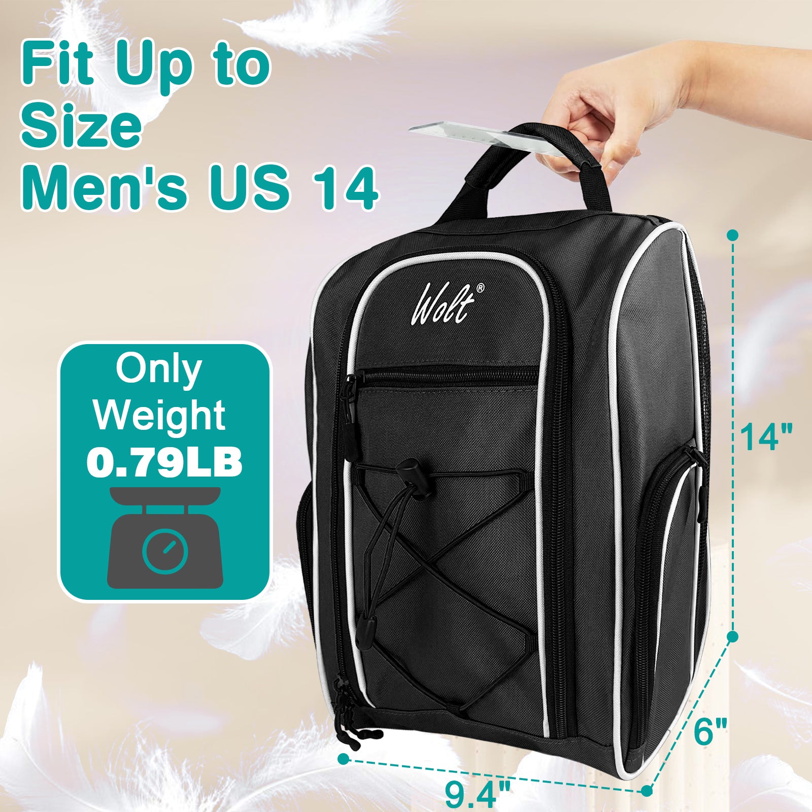 Wolt |Golf Shoe Bag for Travel- Zippered Shoes Carrier Bags with Ventilation & Double Outside Accessory Pocket for Socks, Tees, Golf Balls, Etc. for Women and Men