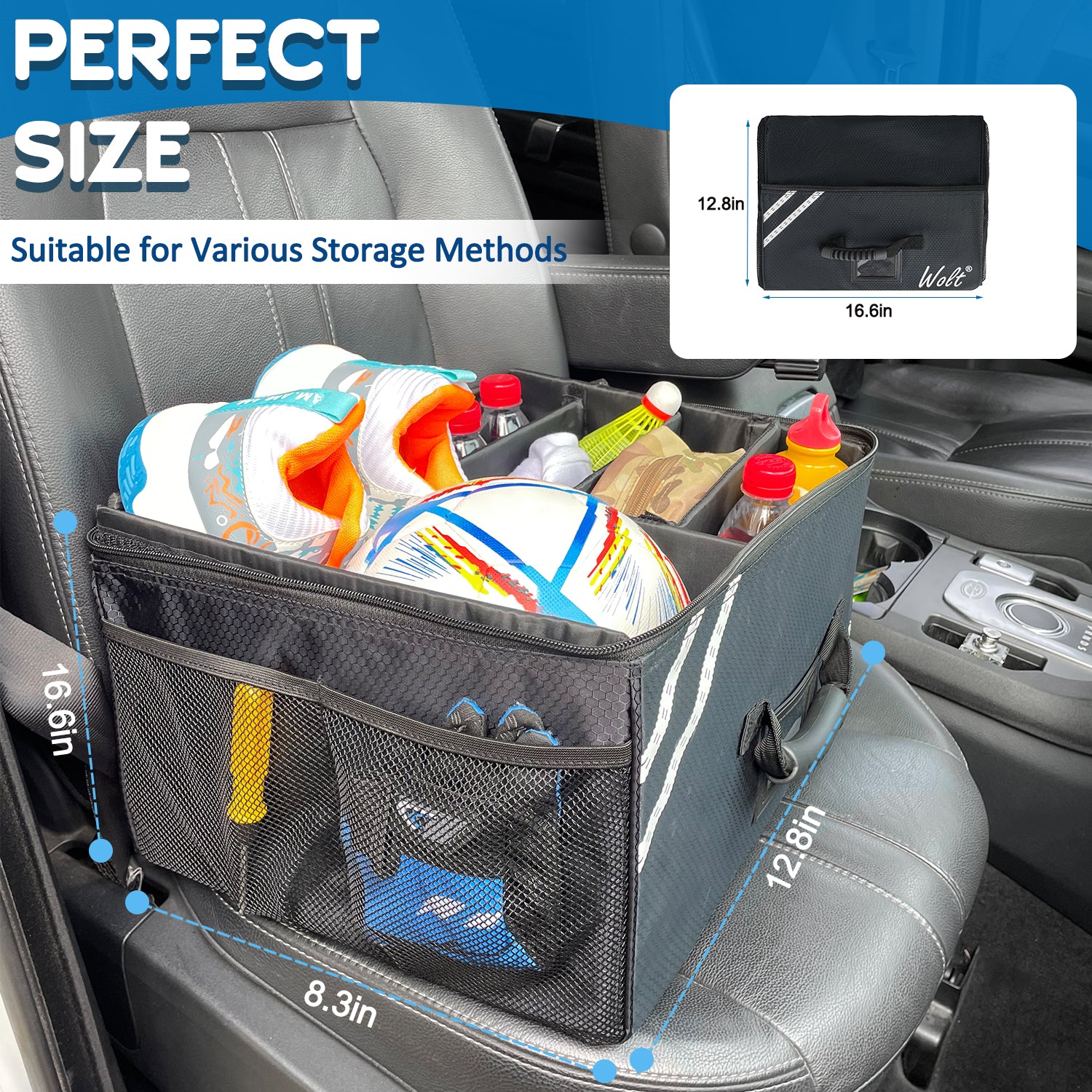 WOLT Car Trunk Organizer with Lid, Collapsible Multi Compartment SUV Organizer with Non-Slip Base Adjustable Straps