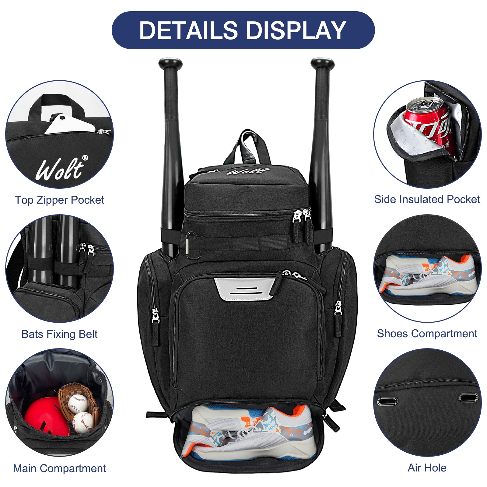 WOLT Baseball Bag Backpack for Youth and Adults-Softball Bag with Separate Helmet Compartment and Shoes Pocket,Multifunctional Sport Backpack for Baseball, Volleyball,Basketball, Soccer