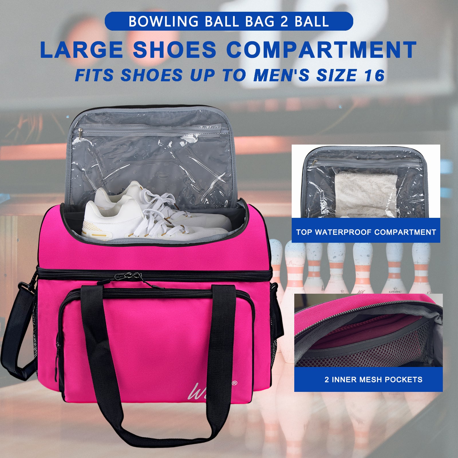 WOLT 2 Ball Bowling Bag with Padded Holder - Fits Shoes Up to Mens Size 16, Bowling Accessories