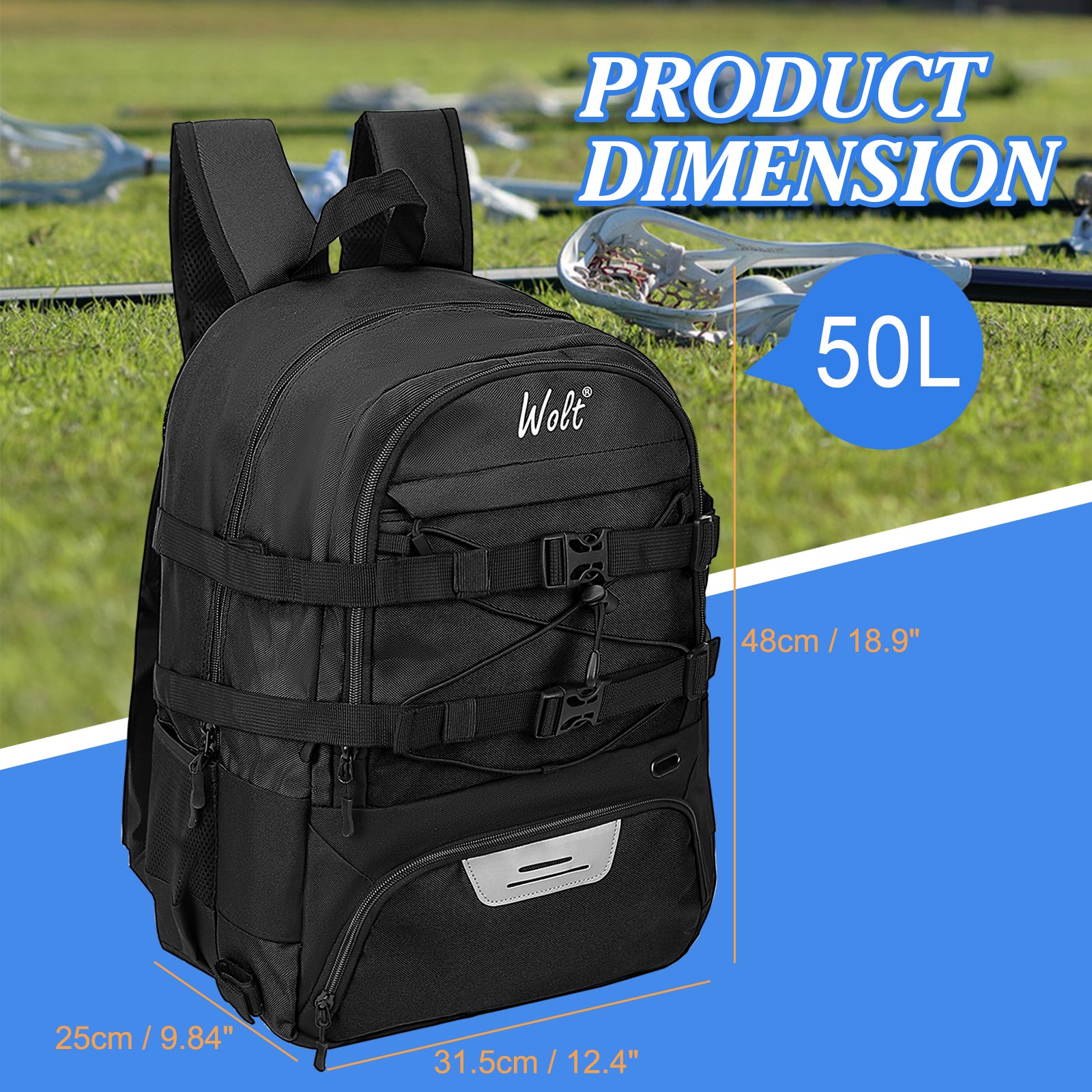 WOLT Lacrosse Bag-Lacrosse Backpack with Two Sticks Holder-Large Field Hockey Bag Holds All Sport Gears