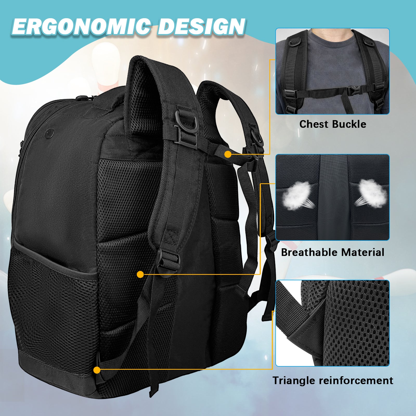 WOLT Bowling Ball Bag,2 Ball Bowling Backpack with Protective Foam Padded & Shoe Compartment Fits Up to Mens Size 16