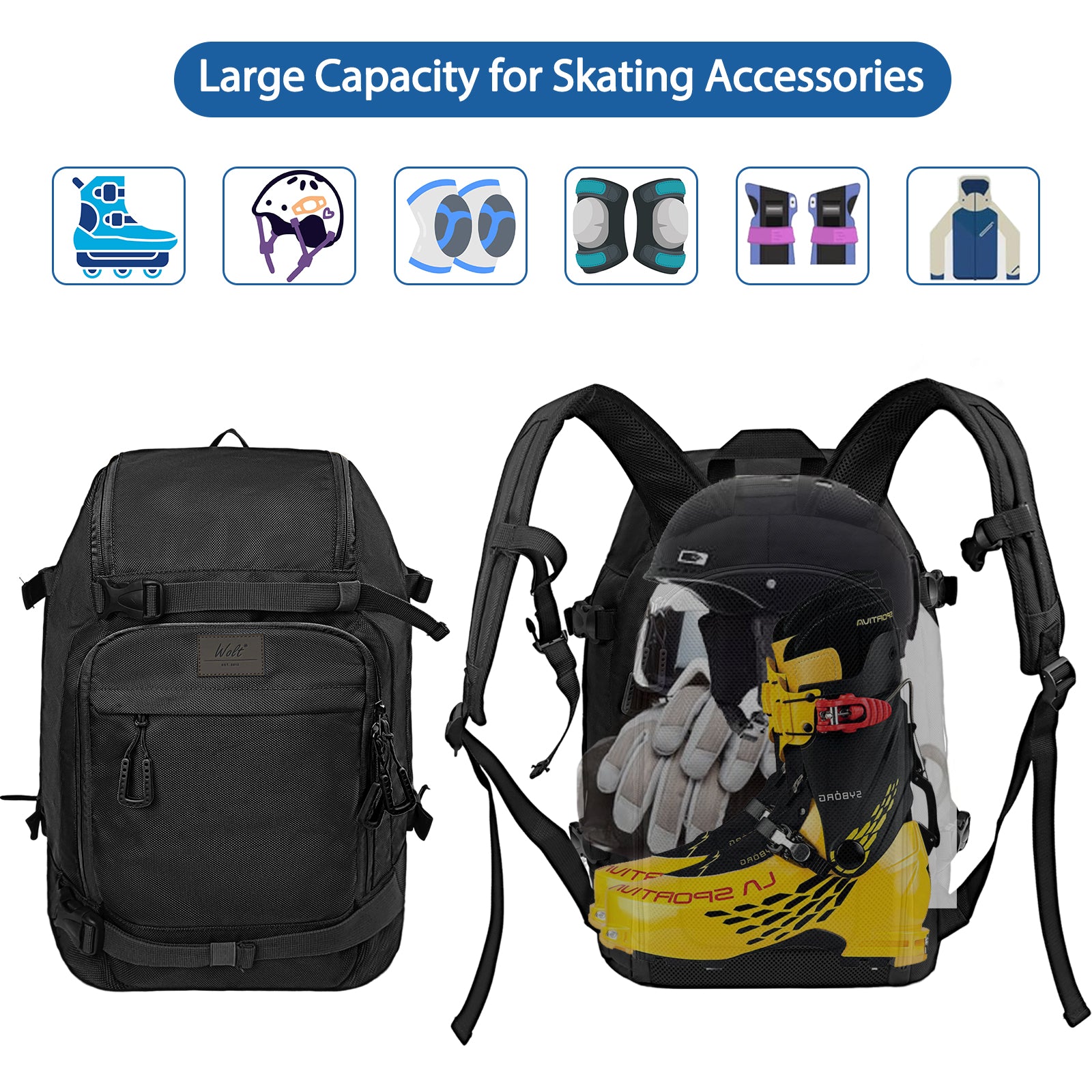 WOLT Ski Boot Bag Backpack - 50L Snowboard Boot Bag for Air Travel for Snow Boots, Ski Helmet, Gloves, Goggles, Skiing Gear