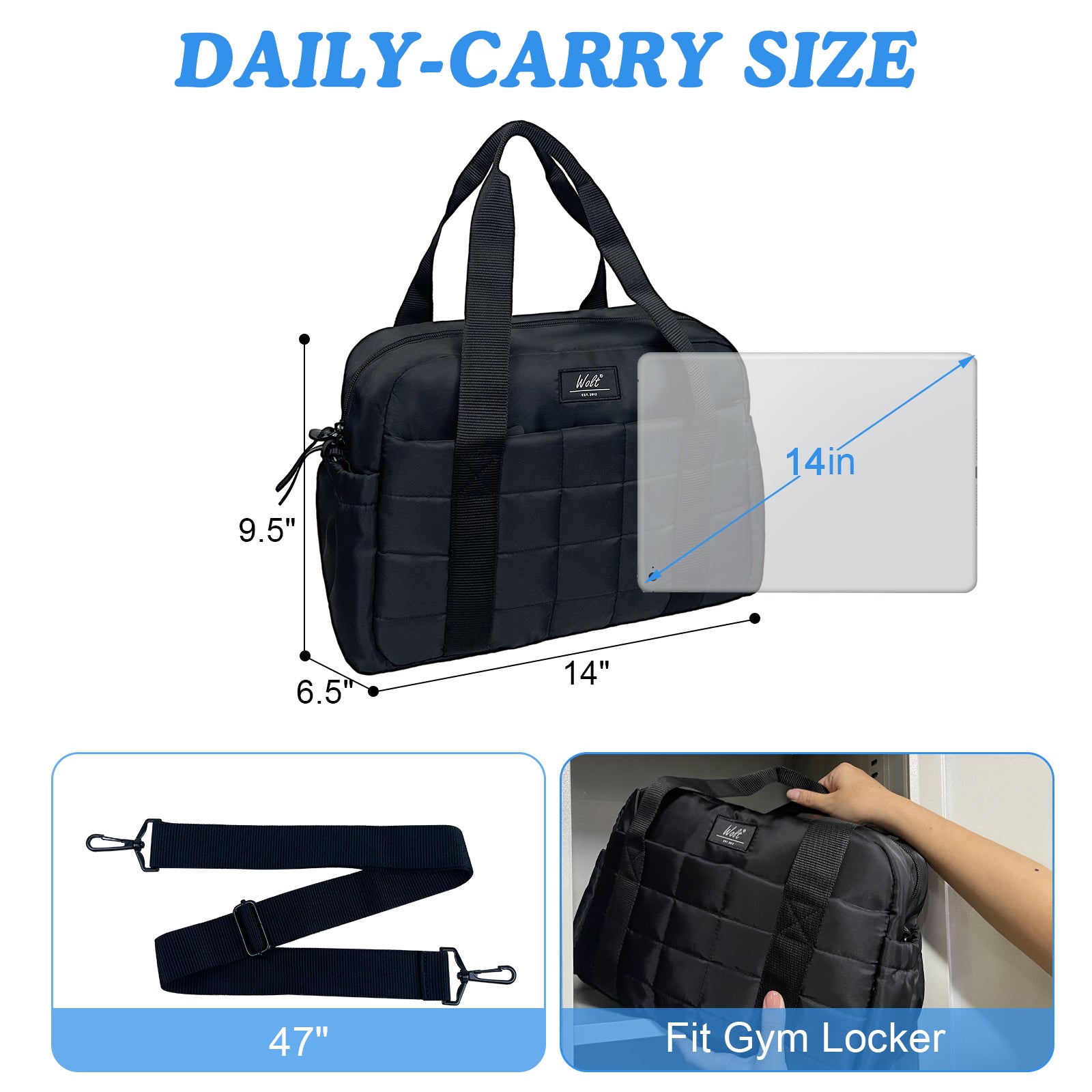 WOLT Small Gym Bag for Women, 14 inch Lightweight Gym Duffle Bag with Wet Compartment Quilted Tote for Sports Workout