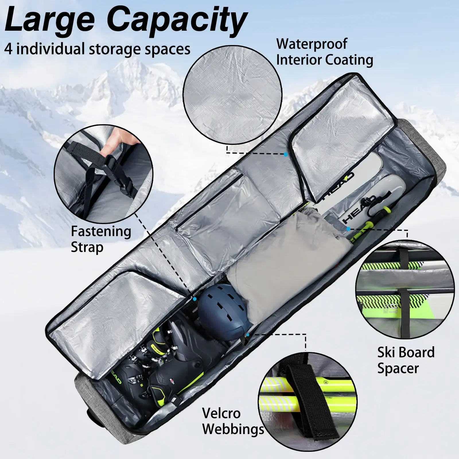 WOLT Rolling Ski Bag,Padded Snowboard Bag with Wheels for Air Travel, Fit to Double Pairs of Skis up to 175 or 190 cm