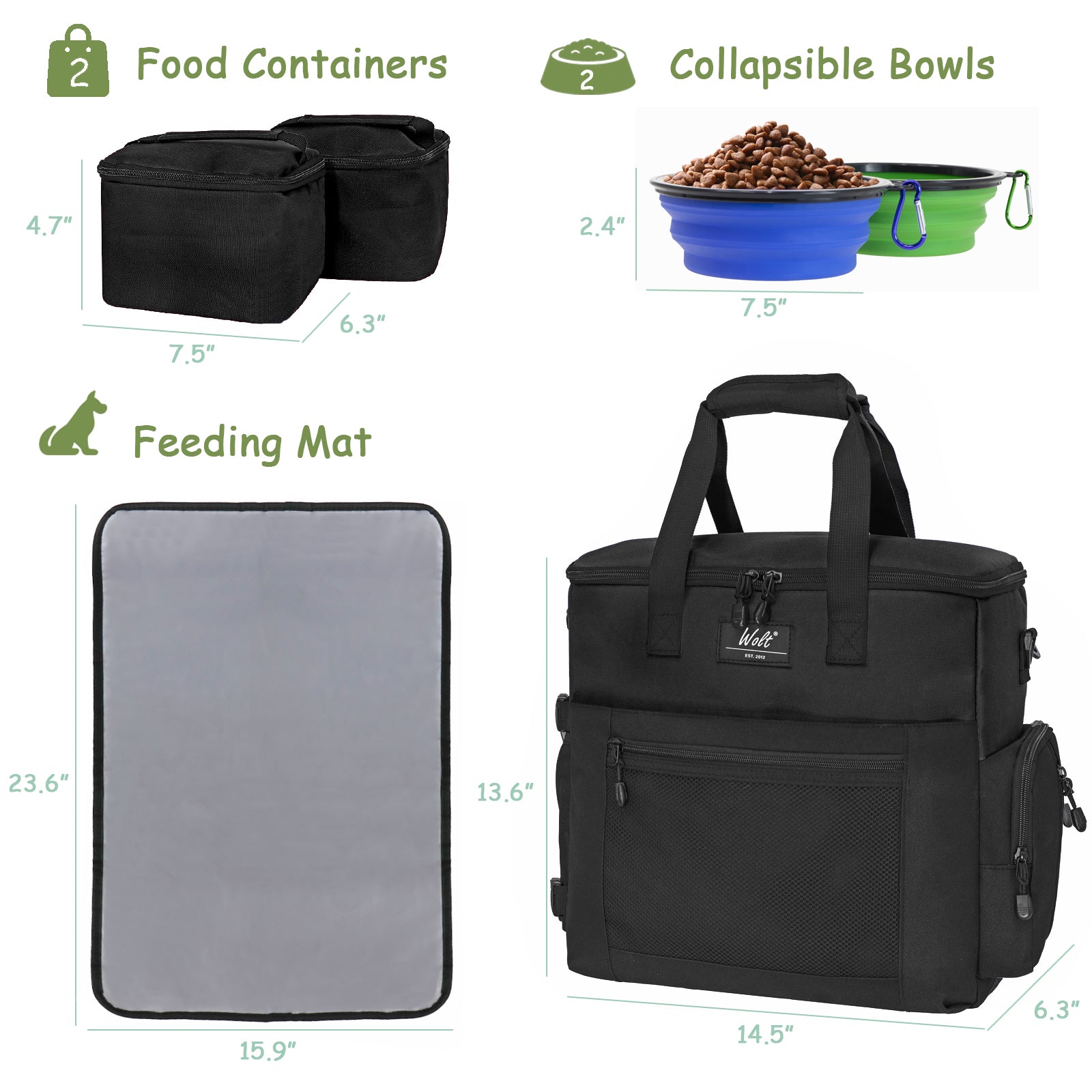 WOLT Dog Travel Bag Dog Bag for Traveling and Supplies with 2 Collapsible Bowls, 2 Food Containers, 1 Place Mat