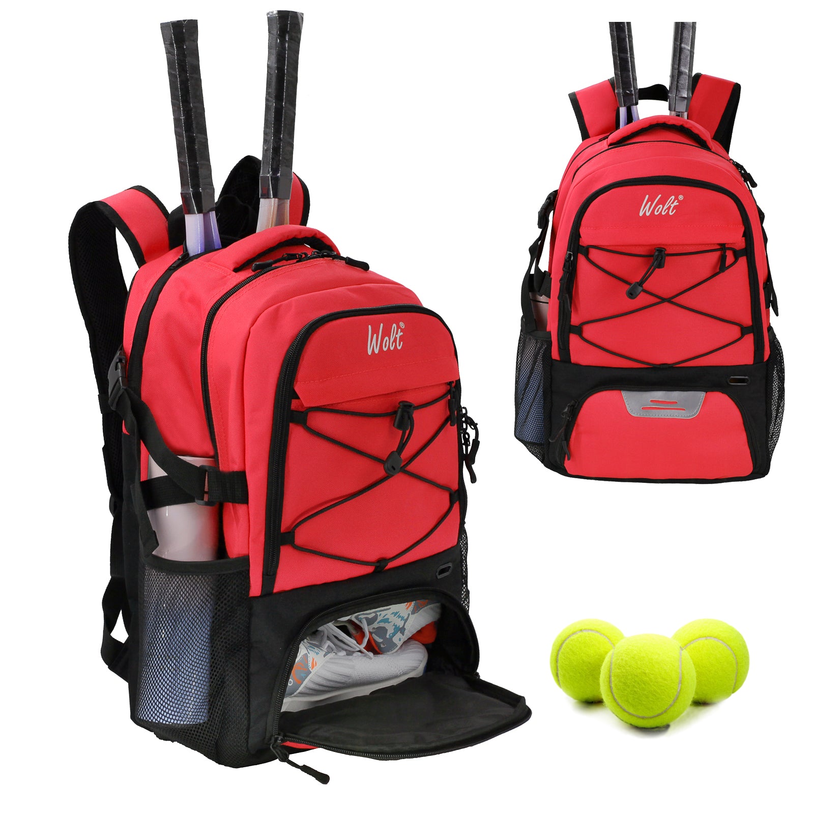 WOLT Tennis Bag - Large Tennis Racket Backpack for Men & Women - Ventilated Shoe Compartment - Holds 2 Rackets