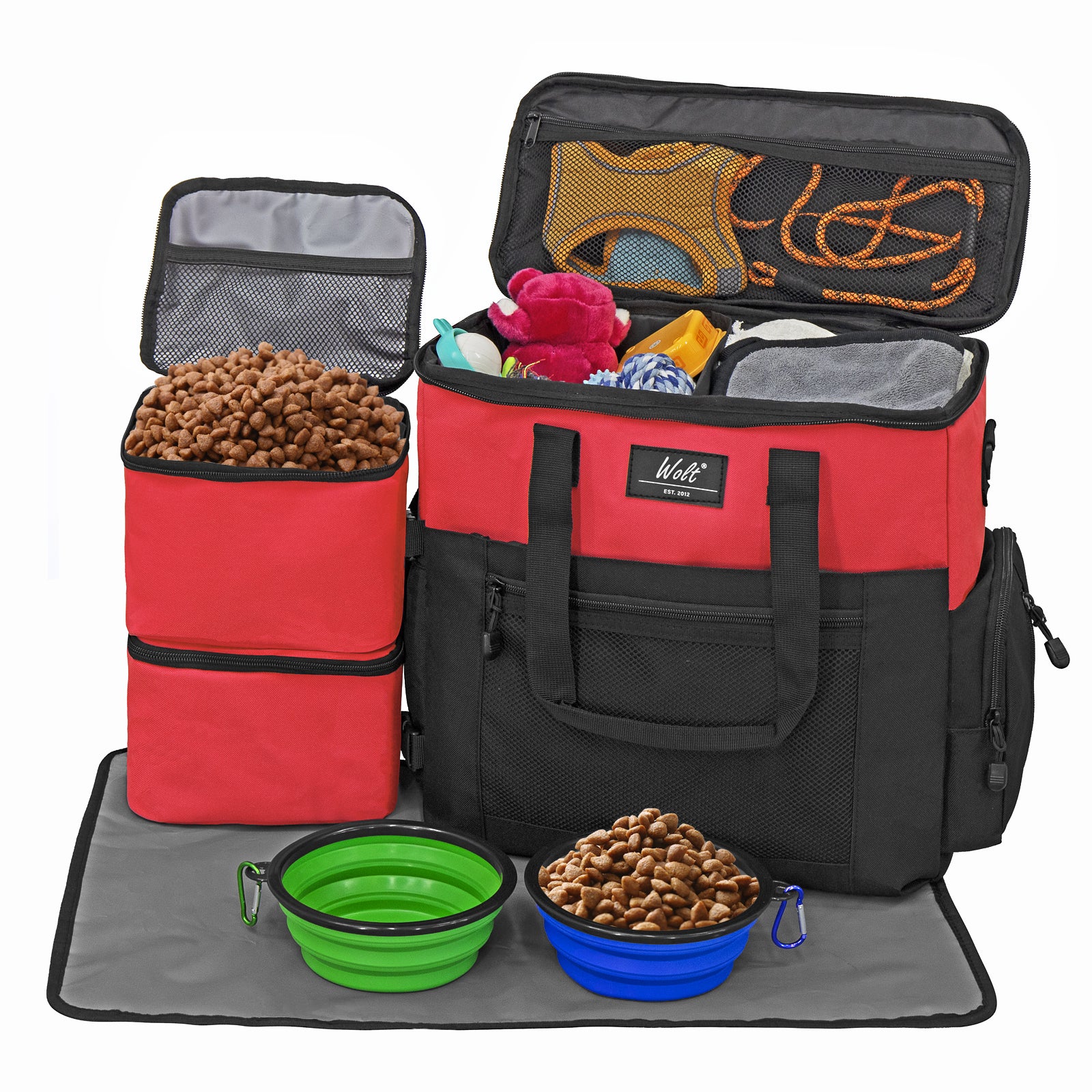 WOLT Dog Travel Bag Dog Bag for Traveling and Supplies with 2 Collapsible Bowls, 2 Food Containers, 1 Place Mat