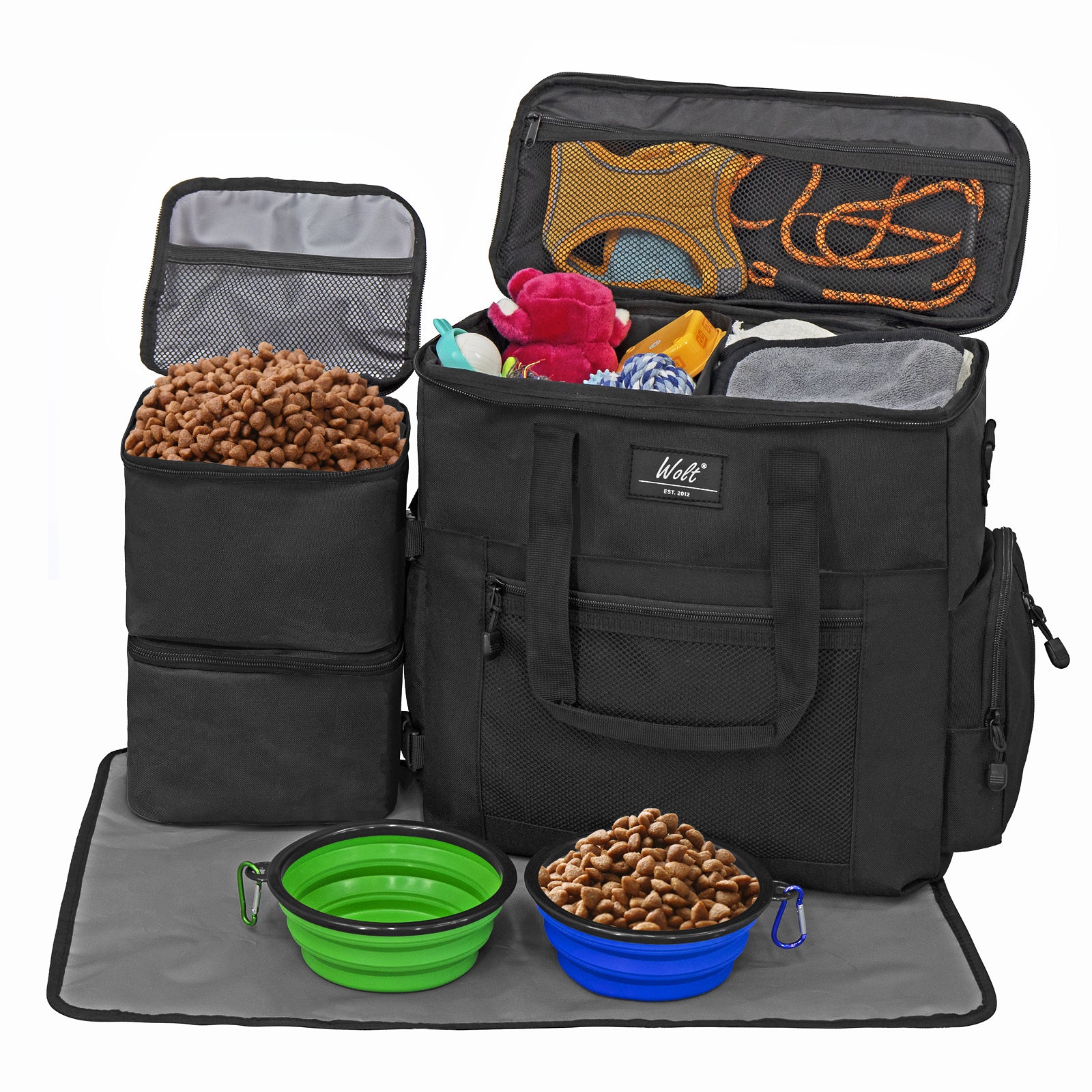 WOLT Dog Travel Bag Dog Bag for Traveling and Supplies with 2 Collapsible Bowls, 2 Food Containers, 1 Place Mat