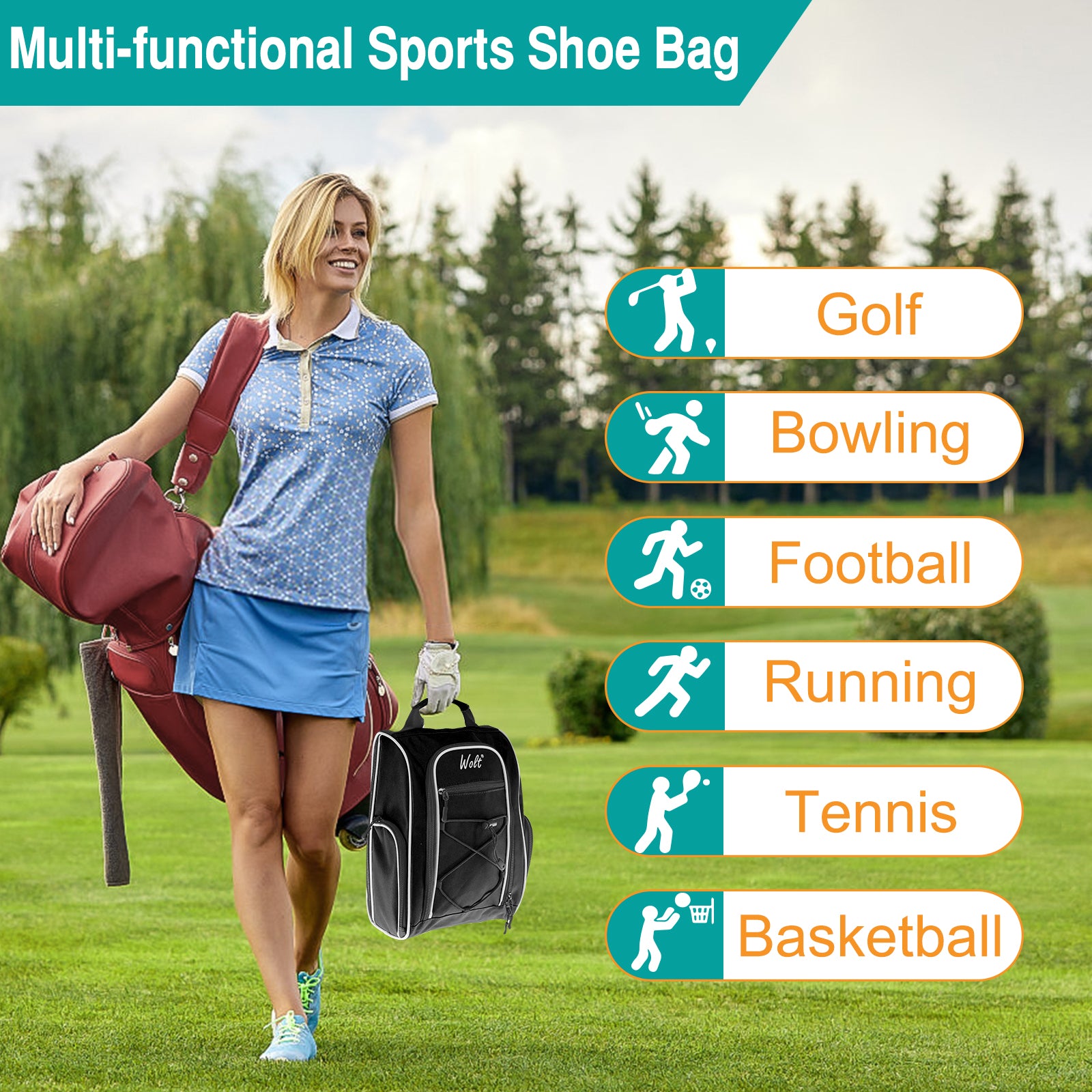 Wolt |Golf Shoe Bag for Travel- Zippered Shoes Carrier Bags with Ventilation & Double Outside Accessory Pocket for Socks, Tees, Golf Balls, Etc. for Women and Men