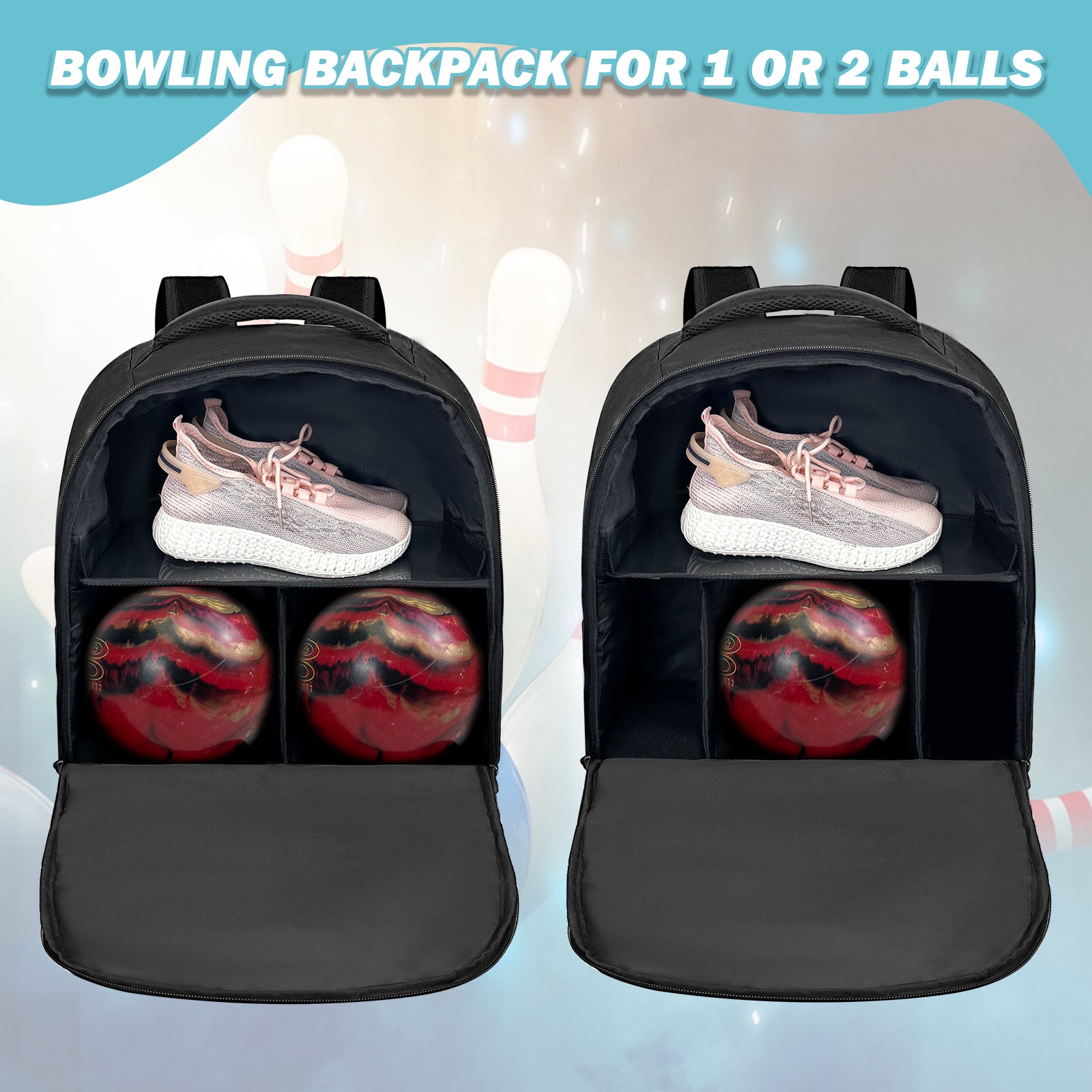 WOLT Bowling Ball Bag,2 Ball Bowling Backpack with Protective Foam Padded & Shoe Compartment Fits Up to Mens Size 16