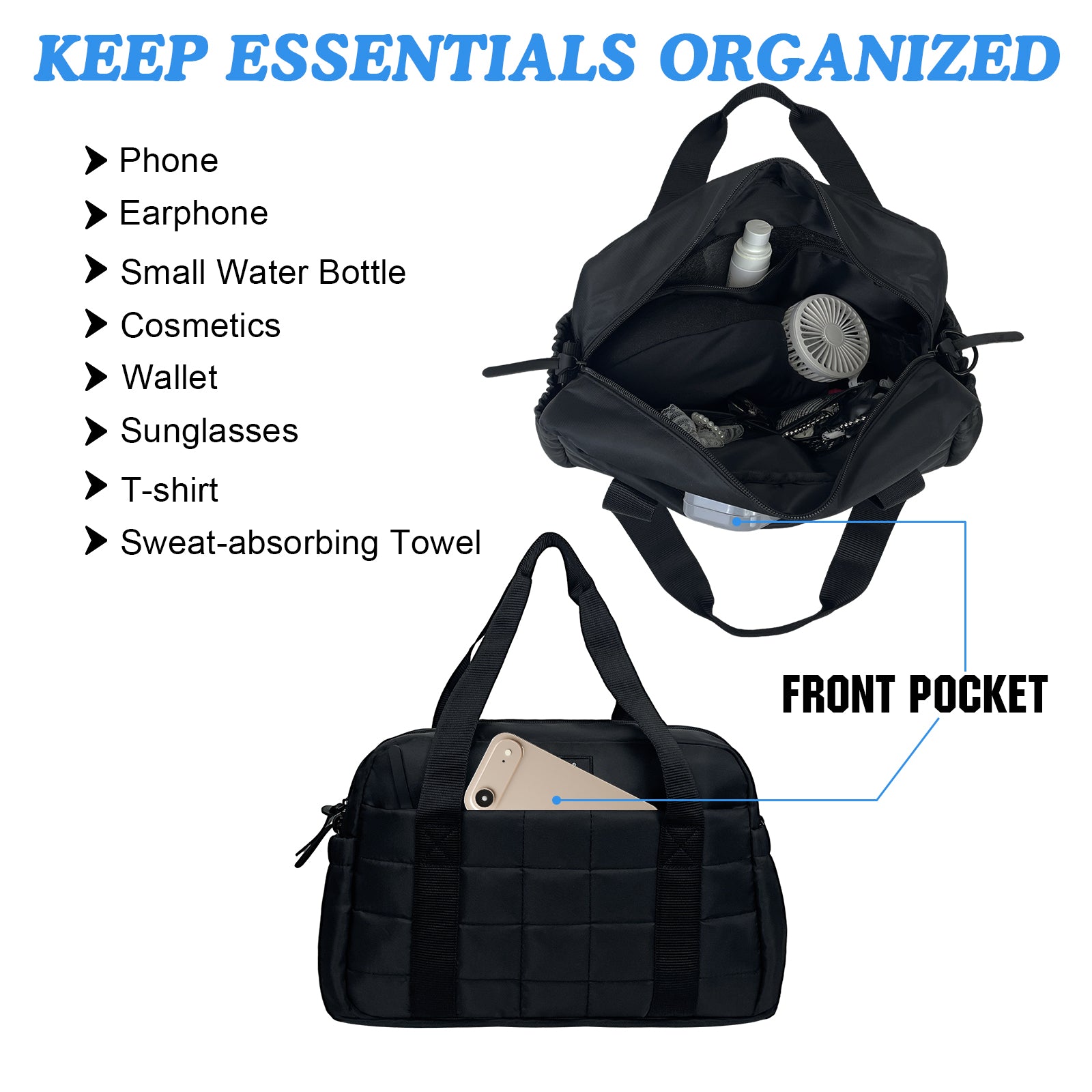 WOLT Small Gym Bag for Women, 14 inch Lightweight Gym Duffle Bag with Wet Compartment Quilted Tote for Sports Workout