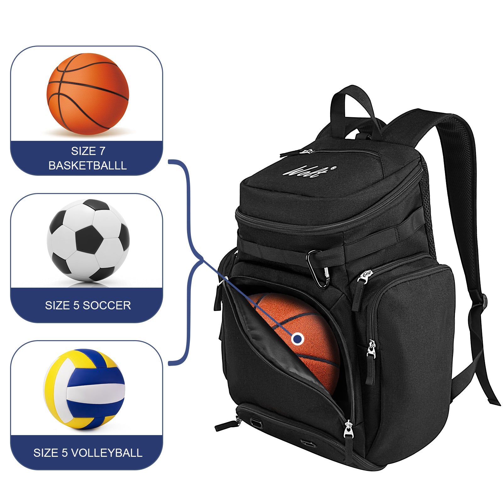 WOLT Basketball Bag Backpack with Separate Ball Compartment and Shoes Pocket, Gym Bags for Men, Large Sports Bag for Basketball, Soccer, Volleyball, Baseball
