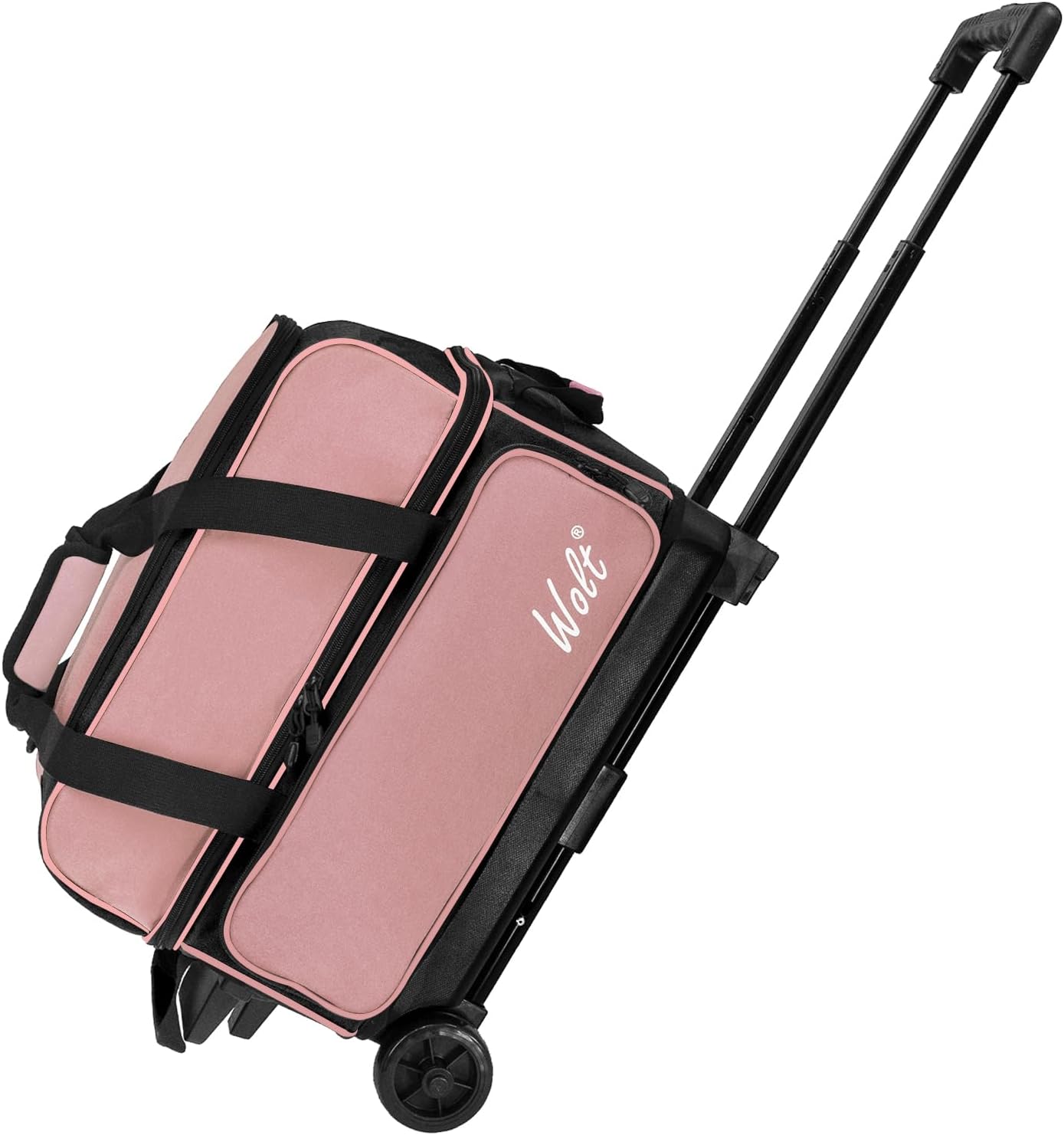 WOLT Double Roller 2 Ball Bowling Bag with Separate Shoe Compartment, Large Capacity Bowling Ball Bag with Accessory Pocket, Retractable Handle Extends to 40"