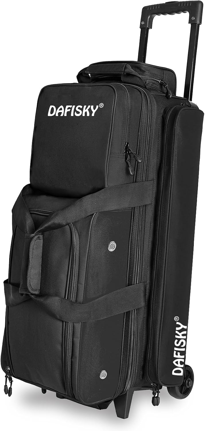 DAFISKY 3 Ball Bowling Bags with Wheels, Roller Bowling Bag with Multiple Pockets Retractable Handle Extends to 38‘’
