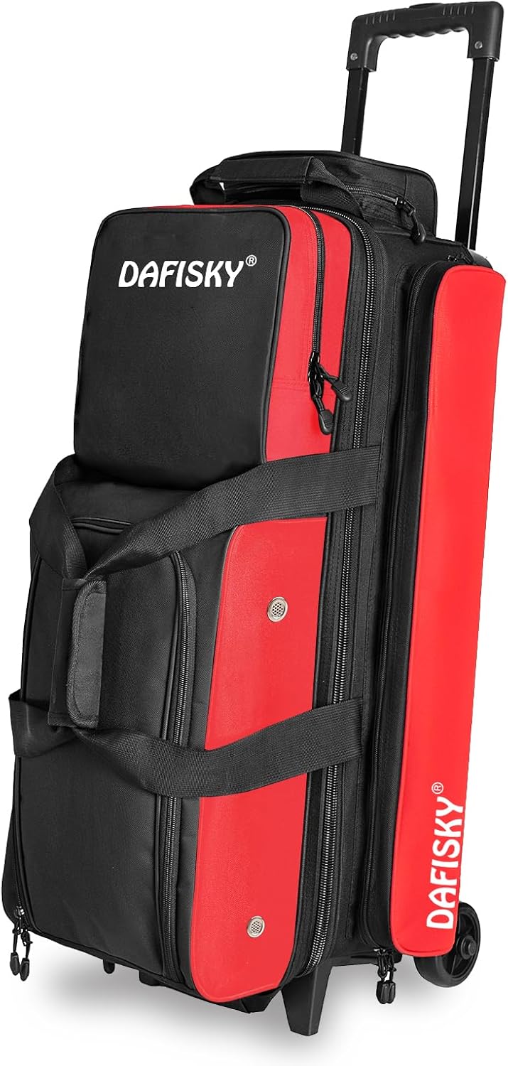 DAFISKY 3 Ball Bowling Bags with Wheels, Roller Bowling Bag with Multiple Pockets Retractable Handle Extends to 38‘’