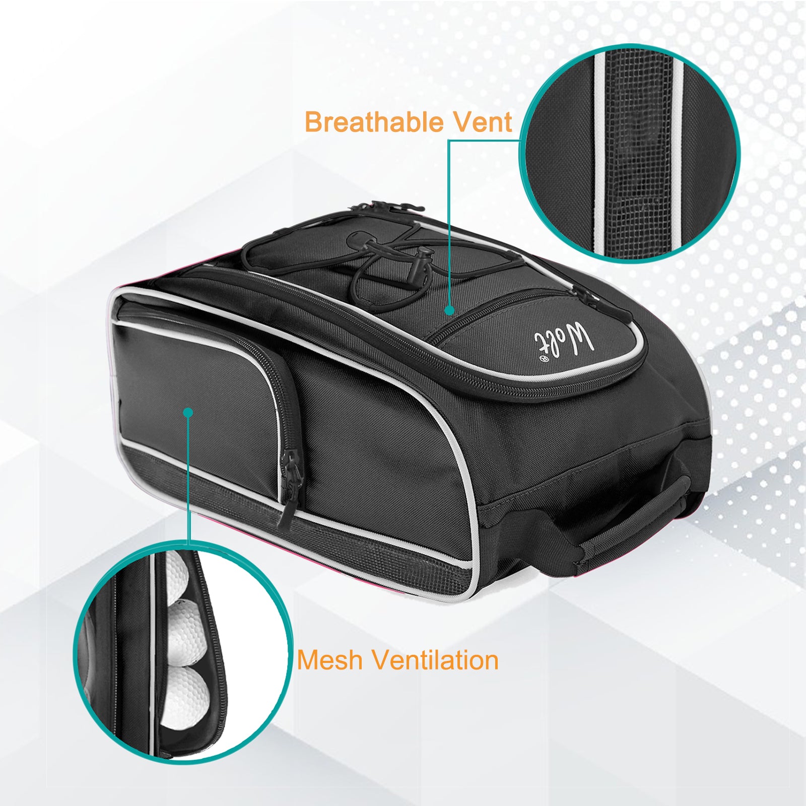 Wolt |Golf Shoe Bag for Travel- Zippered Shoes Carrier Bags with Ventilation & Double Outside Accessory Pocket for Socks, Tees, Golf Balls, Etc. for Women and Men