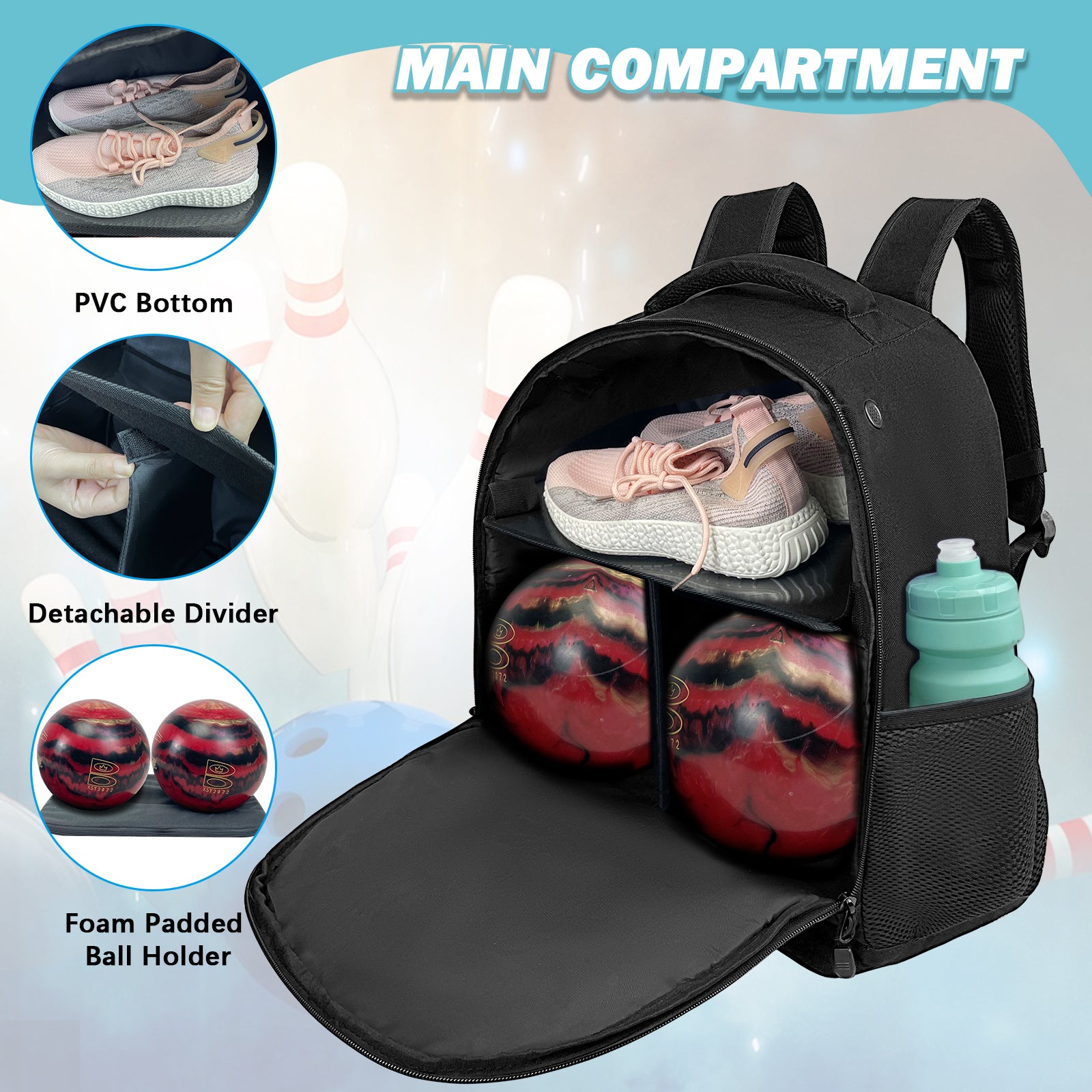 WOLT Bowling Ball Bag,2 Ball Bowling Backpack with Protective Foam Padded & Shoe Compartment Fits Up to Mens Size 16