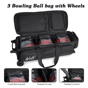 WOLT 3 Ball Bowling Bags with Wheels,Bowling Ball Bag 3 Ball Roller with Separate Shoe Compartment and Accessory Pocket, Retractable Handle Extends to 38’’