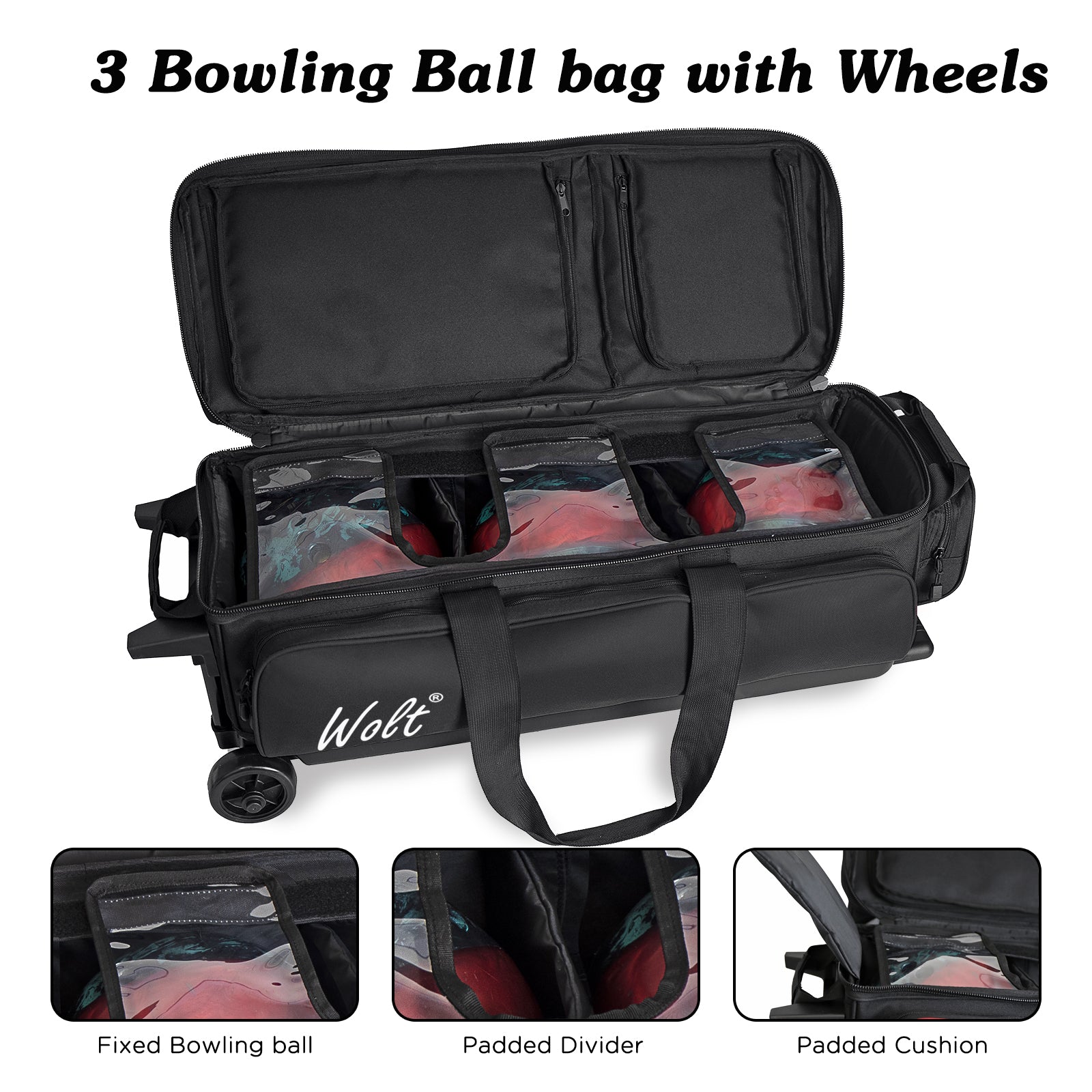 WOLT 3 Ball Bowling Bags with Wheels,Bowling Ball Bag 3 Ball Roller with Separate Shoe Compartment and Accessory Pocket, Retractable Handle Extends to 38’’