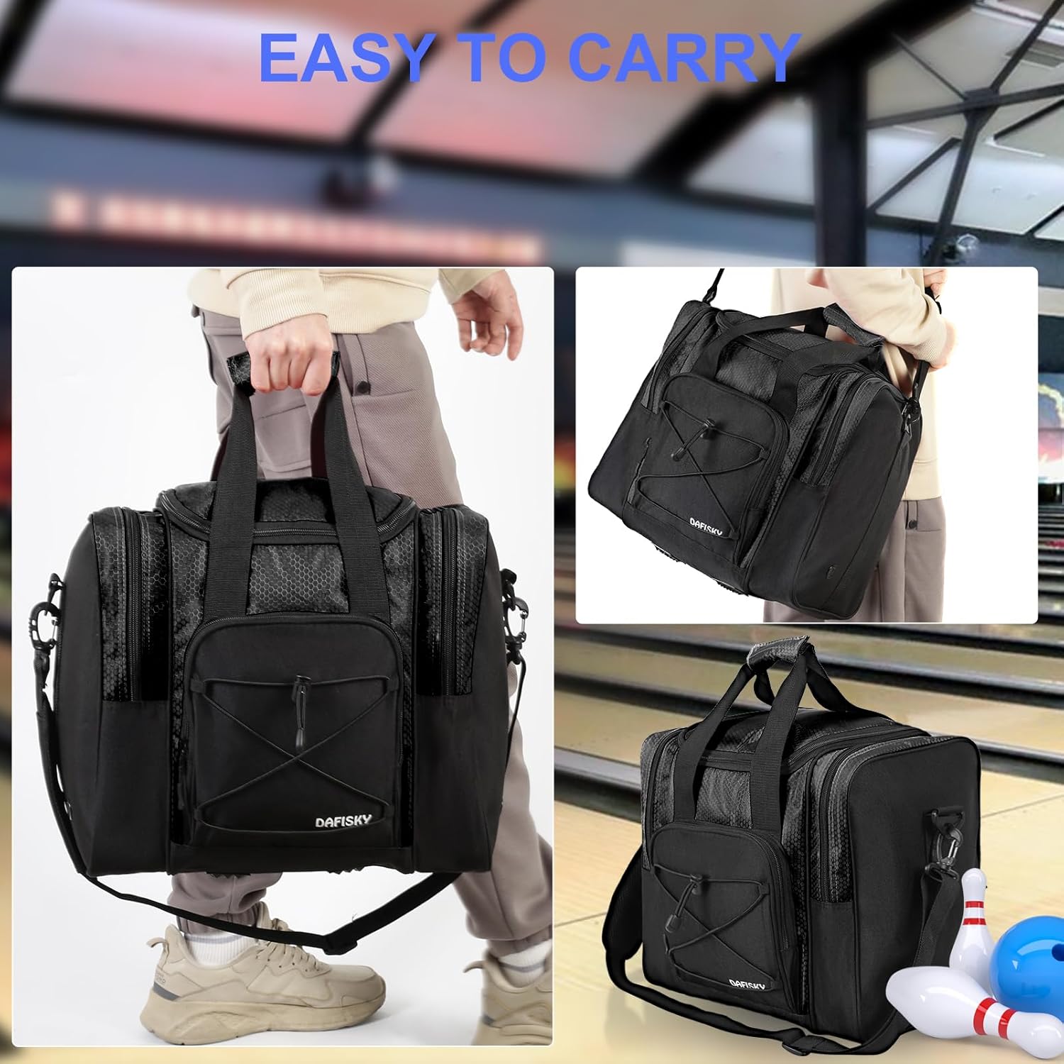 DAFISKY Bowling Ball Bag for Single Ball - Bowling Bag Tote for 1 Ball and Shoes with Padded Holder, 2 Pockets Fits Men & Women bowling Shoes Up To Mens Size 14