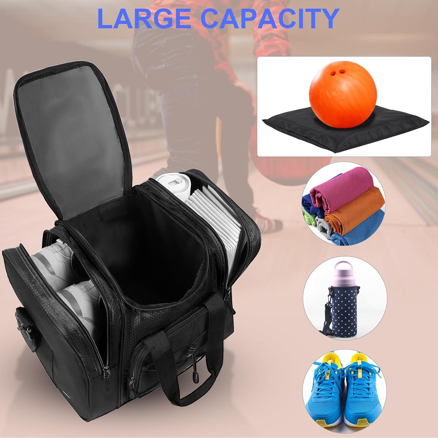 DAFISKY Bowling Ball Bag for Single Ball - Bowling Bag Tote for 1 Ball and Shoes with Padded Holder, 2 Pockets Fits Men & Women bowling Shoes Up To Mens Size 14