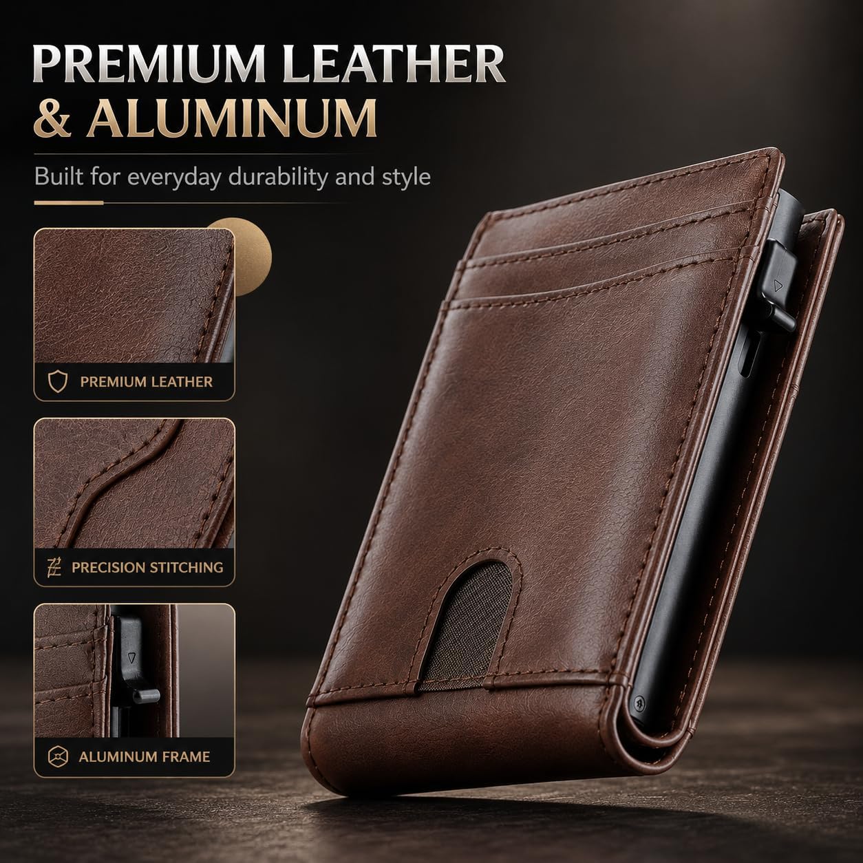 Pop Up Wallet for Men, RFID Blocking Leather Wallet with Aluminum Card Holder