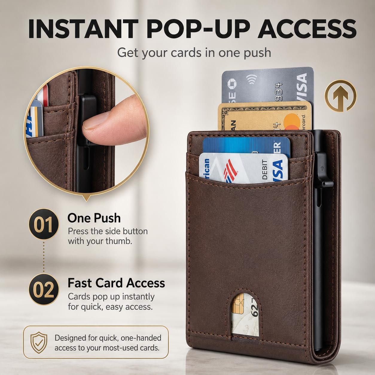 Pop Up Wallet for Men, RFID Blocking Leather Wallet with Aluminum Card Holder