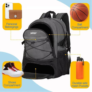 DAFISKY Basketball Backpack, Basketball Bag with Ball Holder Shoes Compartment, Sports Equipment Bag for Soccer Ball, Volleyball