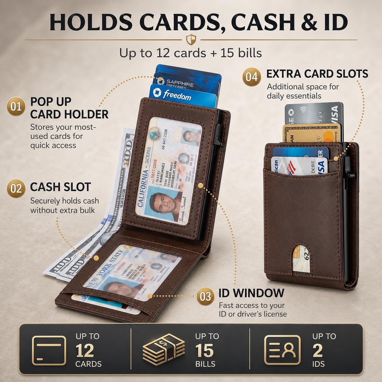 Pop Up Wallet for Men, RFID Blocking Leather Wallet with Aluminum Card Holder