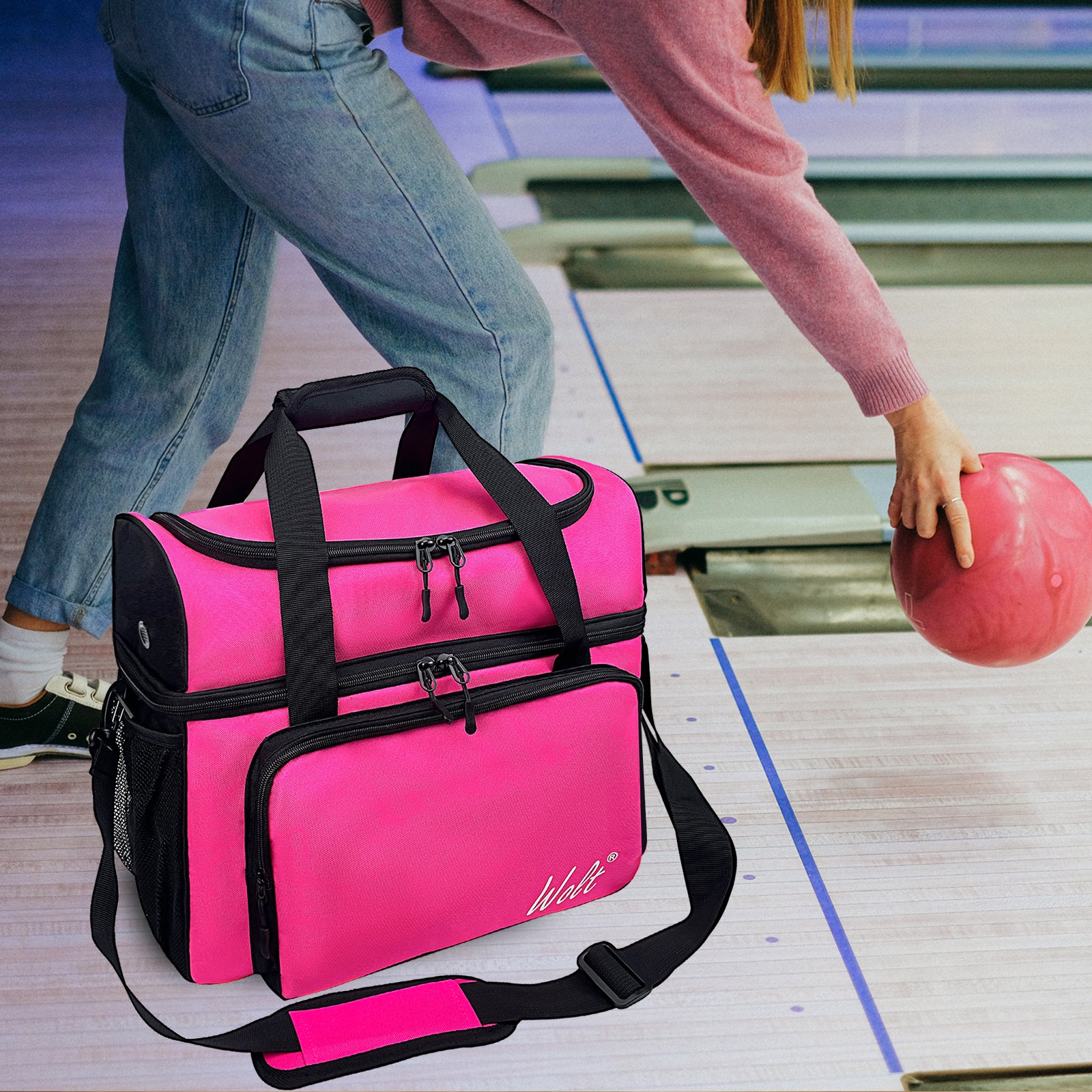 WOLT 2 Ball Bowling Bag with Padded Holder - Fits Shoes Up to Mens Size 16, Bowling Accessories