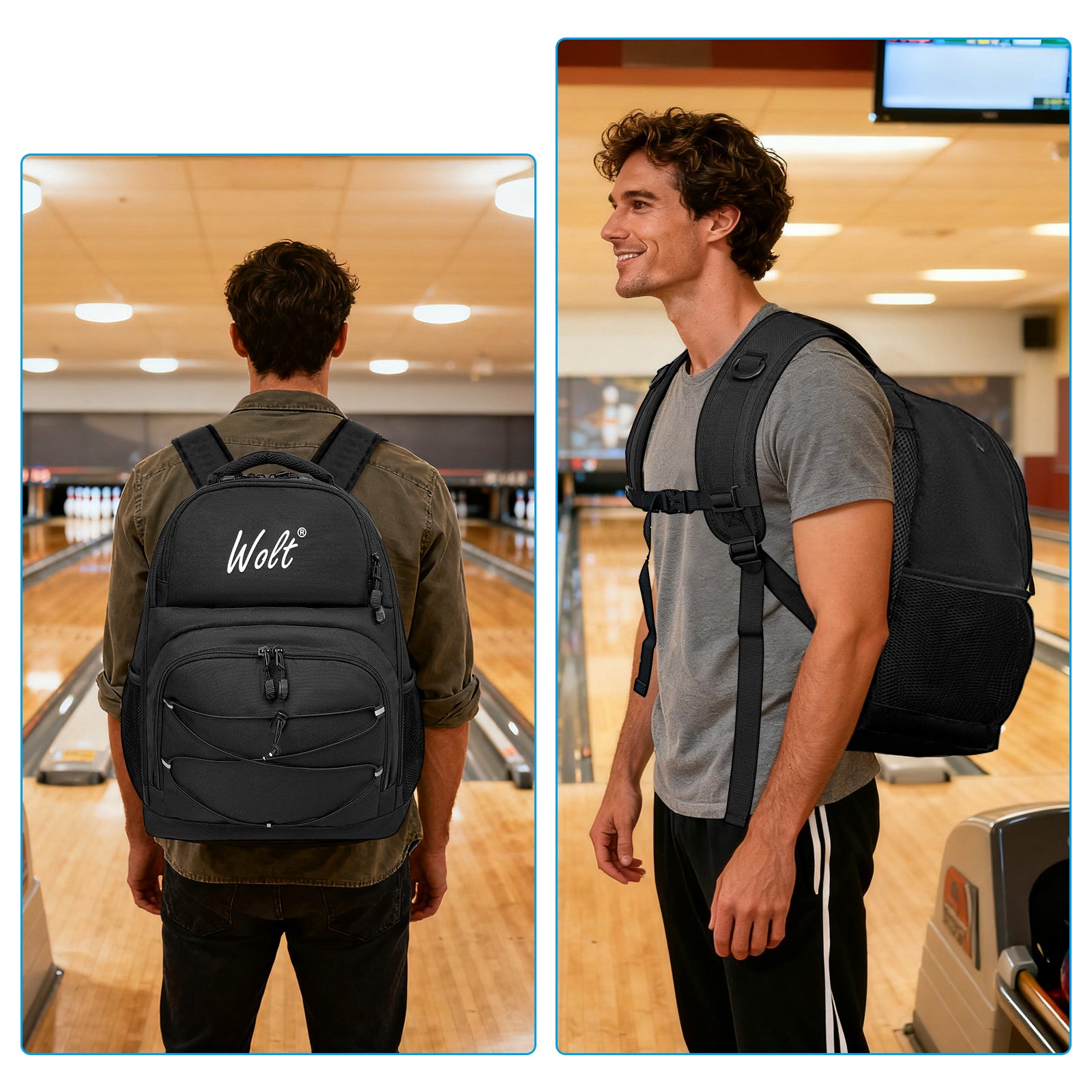 WOLT Bowling Ball Bag,2 Ball Bowling Backpack with Protective Foam Padded & Shoe Compartment Fits Up to Mens Size 16
